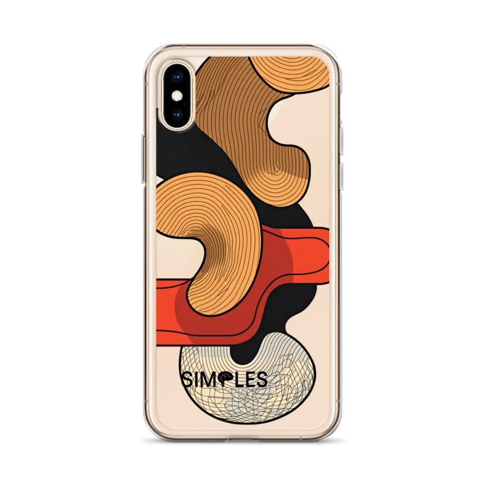Clear iPhone case with abstract orange and beige shapes, black and red accents; Simples Market branding.