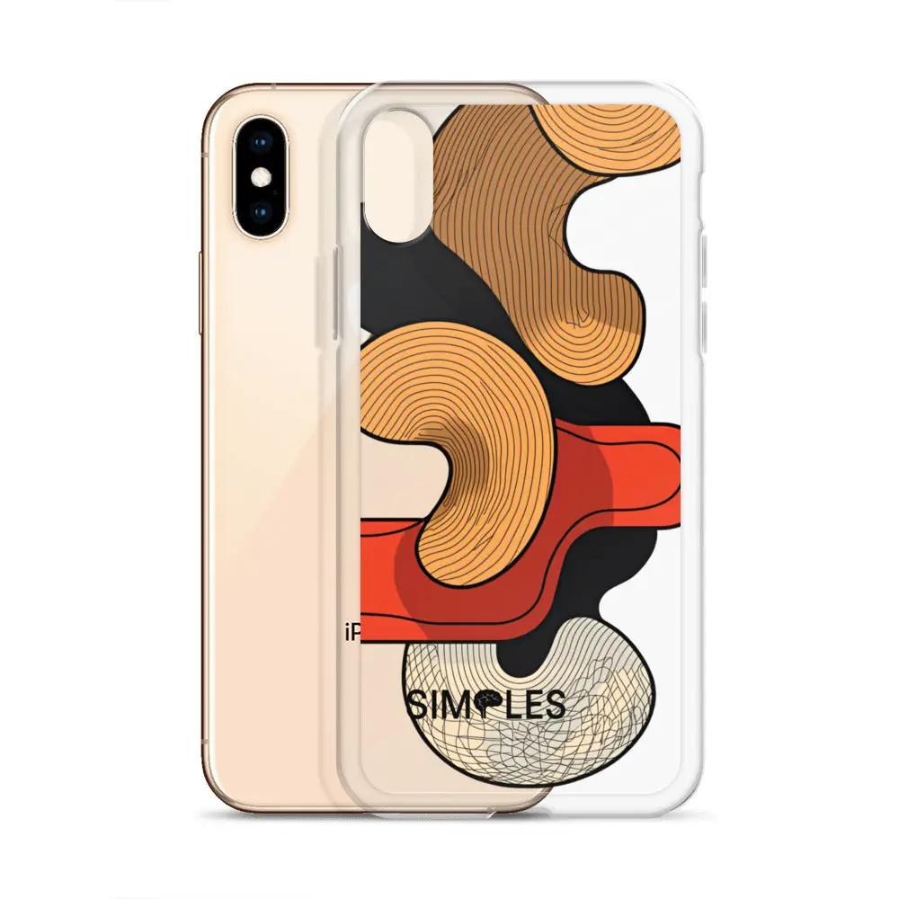 Clear iPhone case with abstract orange-beige artwork and black accents.