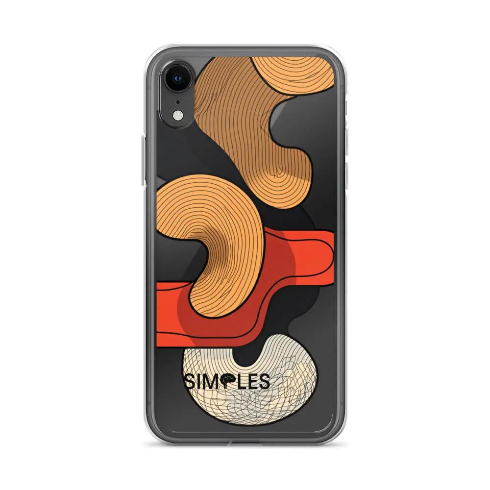 Clear iPhone case with gray bumper and abstract orange and beige shapes on black background; Simples Market logo.