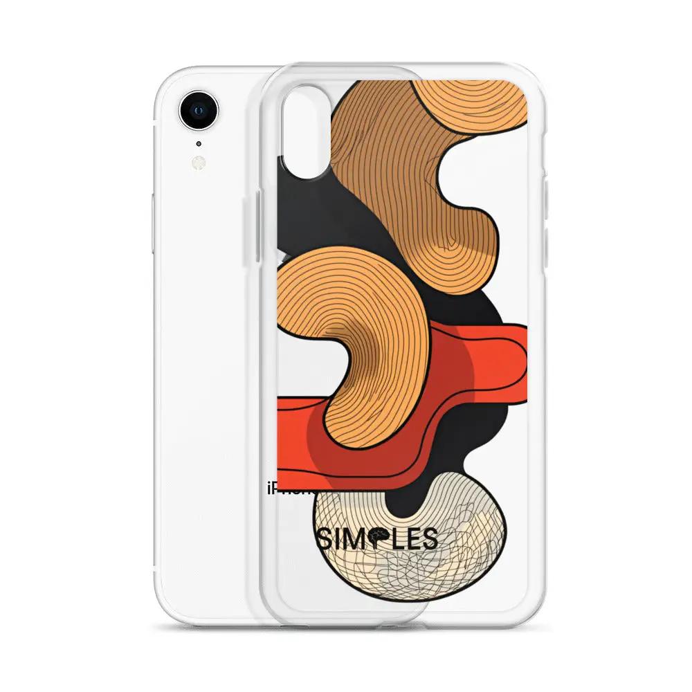 Clear case for iPhone by Simples Market with abstract orange, beige, and red shapes on a transparent back.