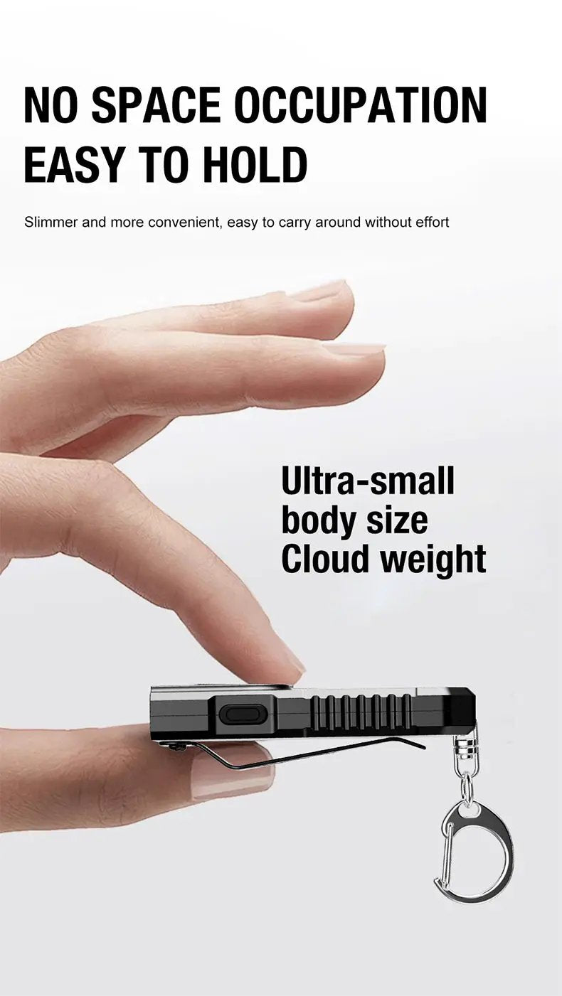 Portable keychain flashlight by Simples Market, ultra-small black body with silver keyring