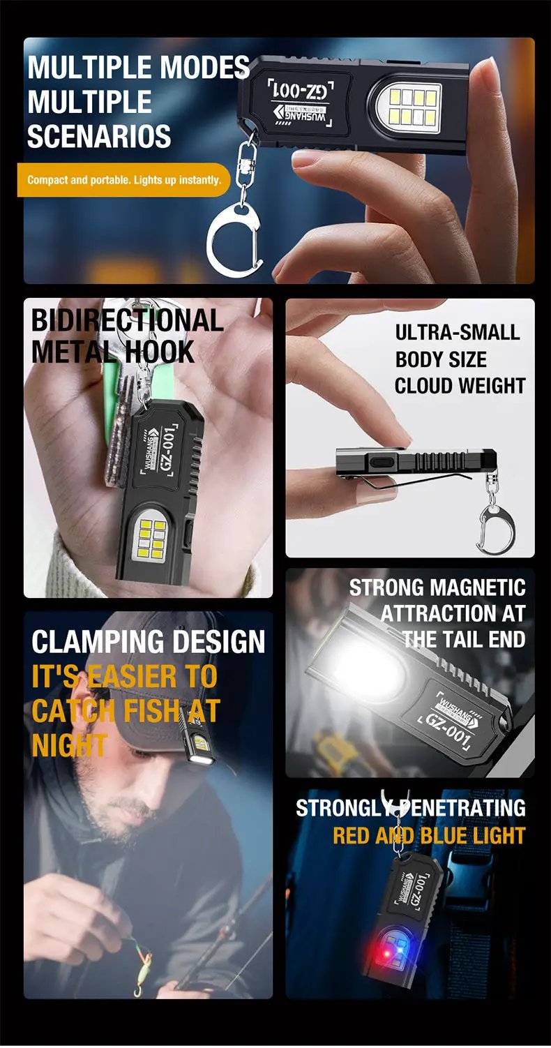 Portable waist-hanging keychain flashlight by Simples Market with LED panel, multiple modes, and emergency charging