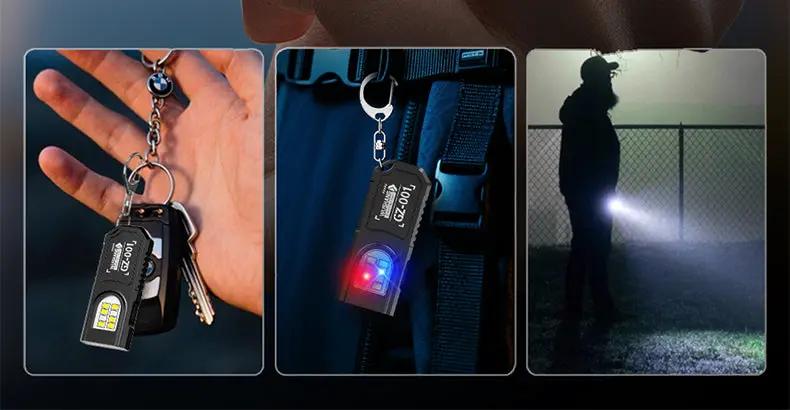 Portable waist-hanging keychain with mini flashlight and emergency charging, black with silver accents, Simples Market.