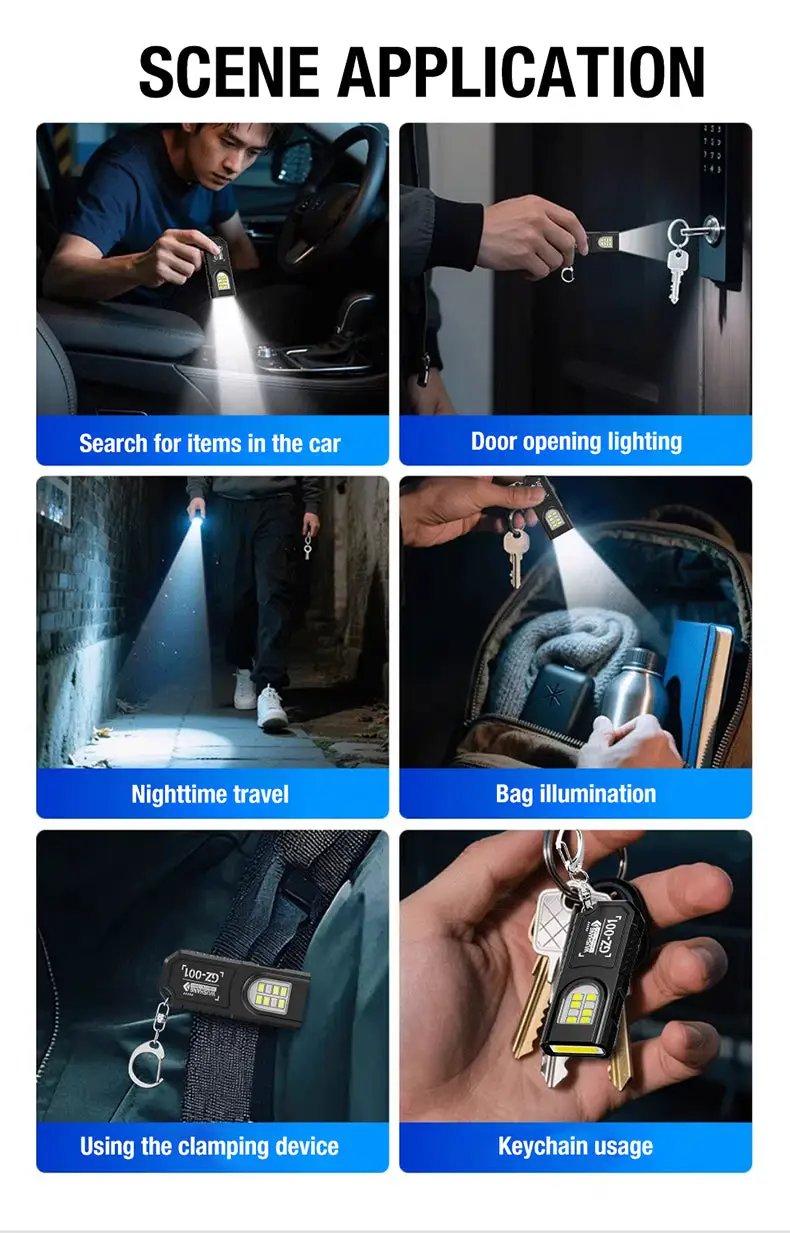 Portable black waist-hanging keychain flashlight with emergency charging; bright LED light for car, bag, and travel