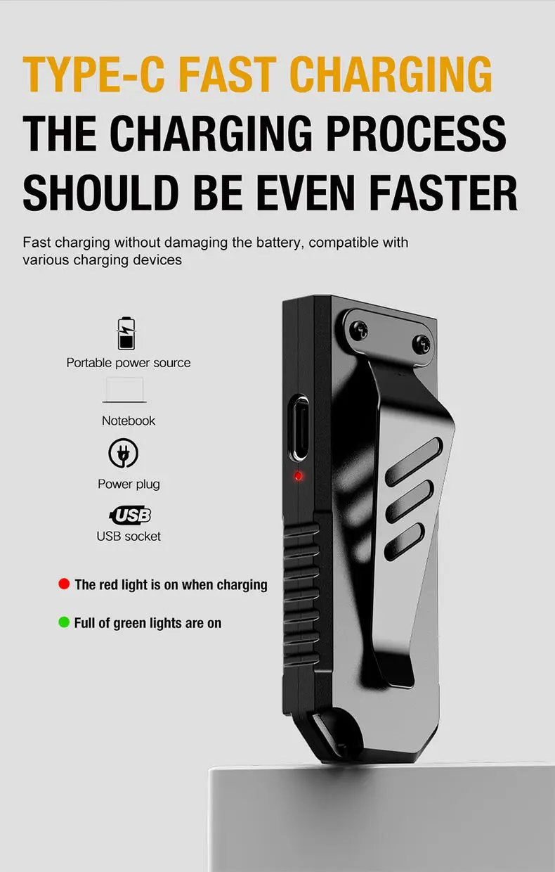 Portable waist-hanging keychain with mini flashlight and USB charging, black, Simples Market
