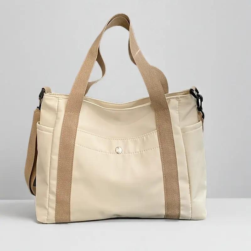 Large Capacity Nylon Crossbody Bag in beige with removable strap and front pocket