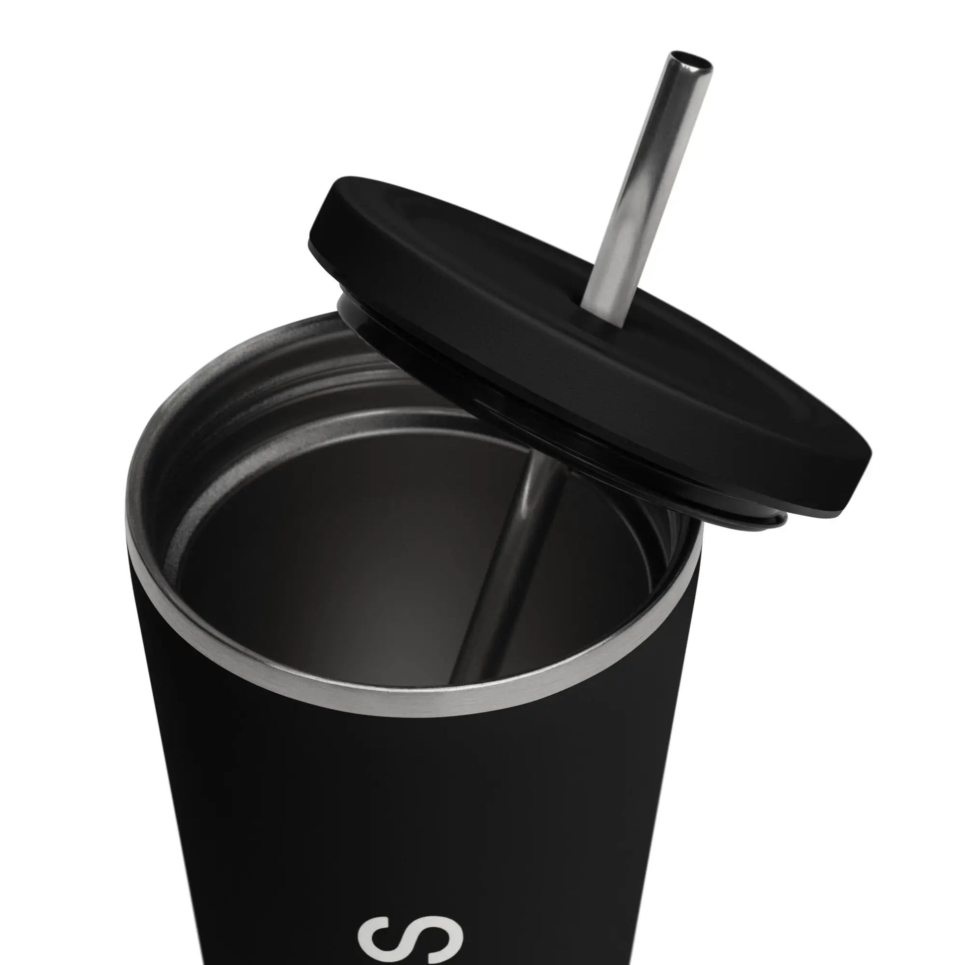 Insulated tumbler with straw, black body and stainless steel straw