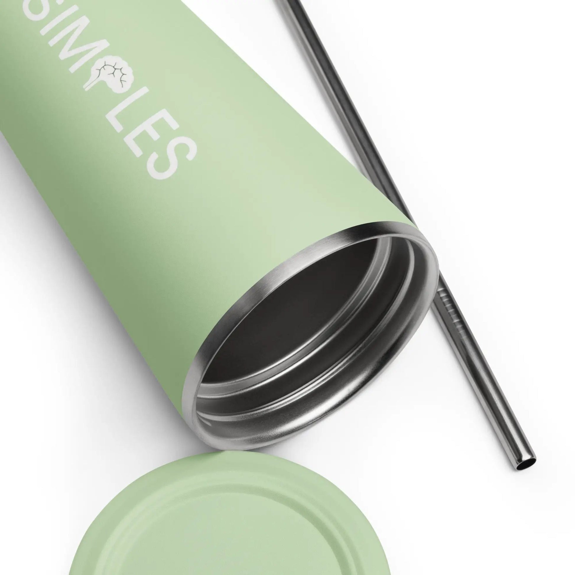 Insulated tumbler with straw, light green sleeve, stainless steel lid, Simples Market
