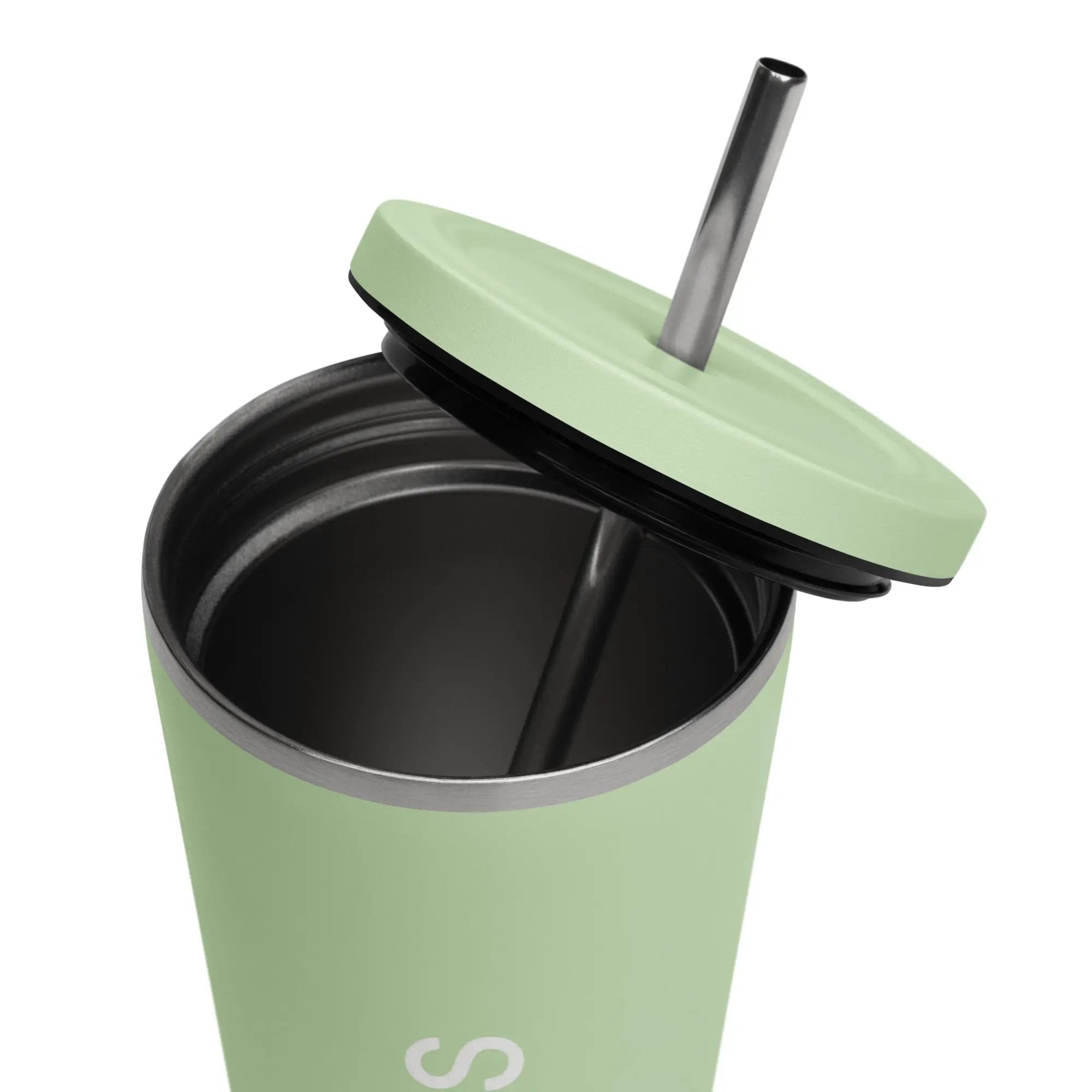 Insulated tumbler with straw in mint green; stainless steel straw visible.