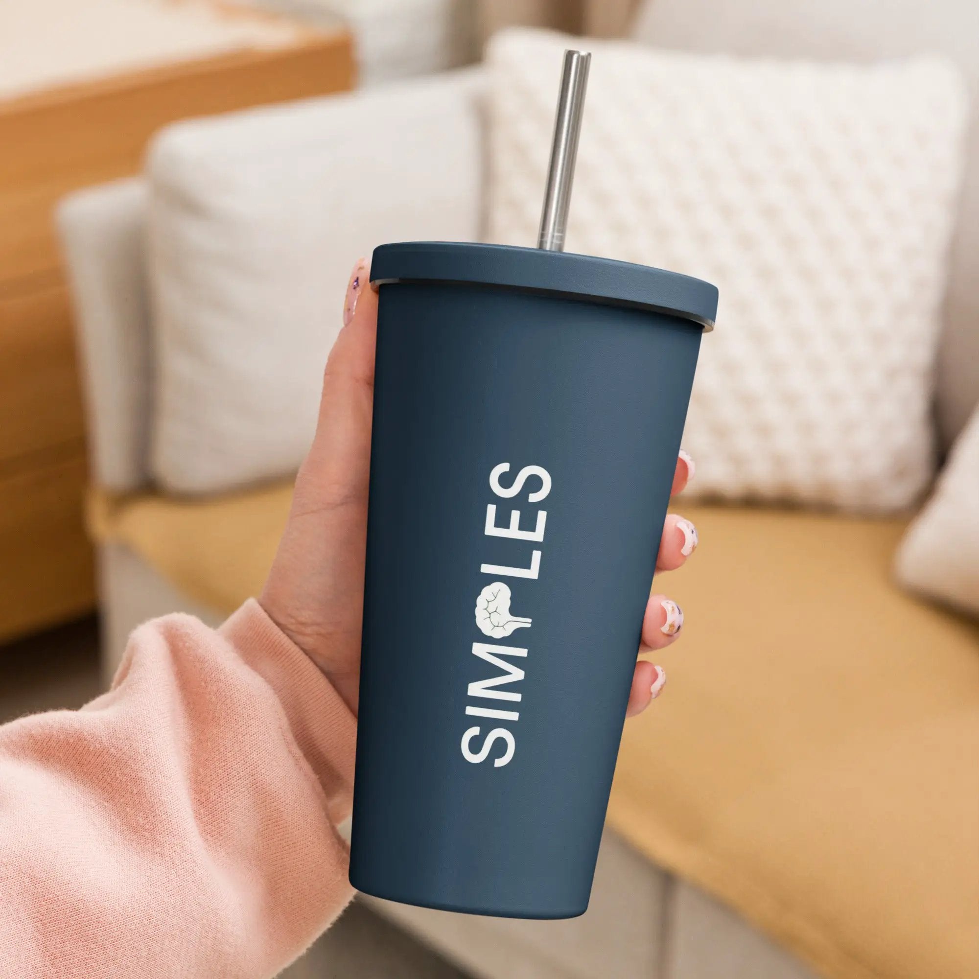 Insulated tumbler with straw; navy blue, stainless steel straw, Simples Market