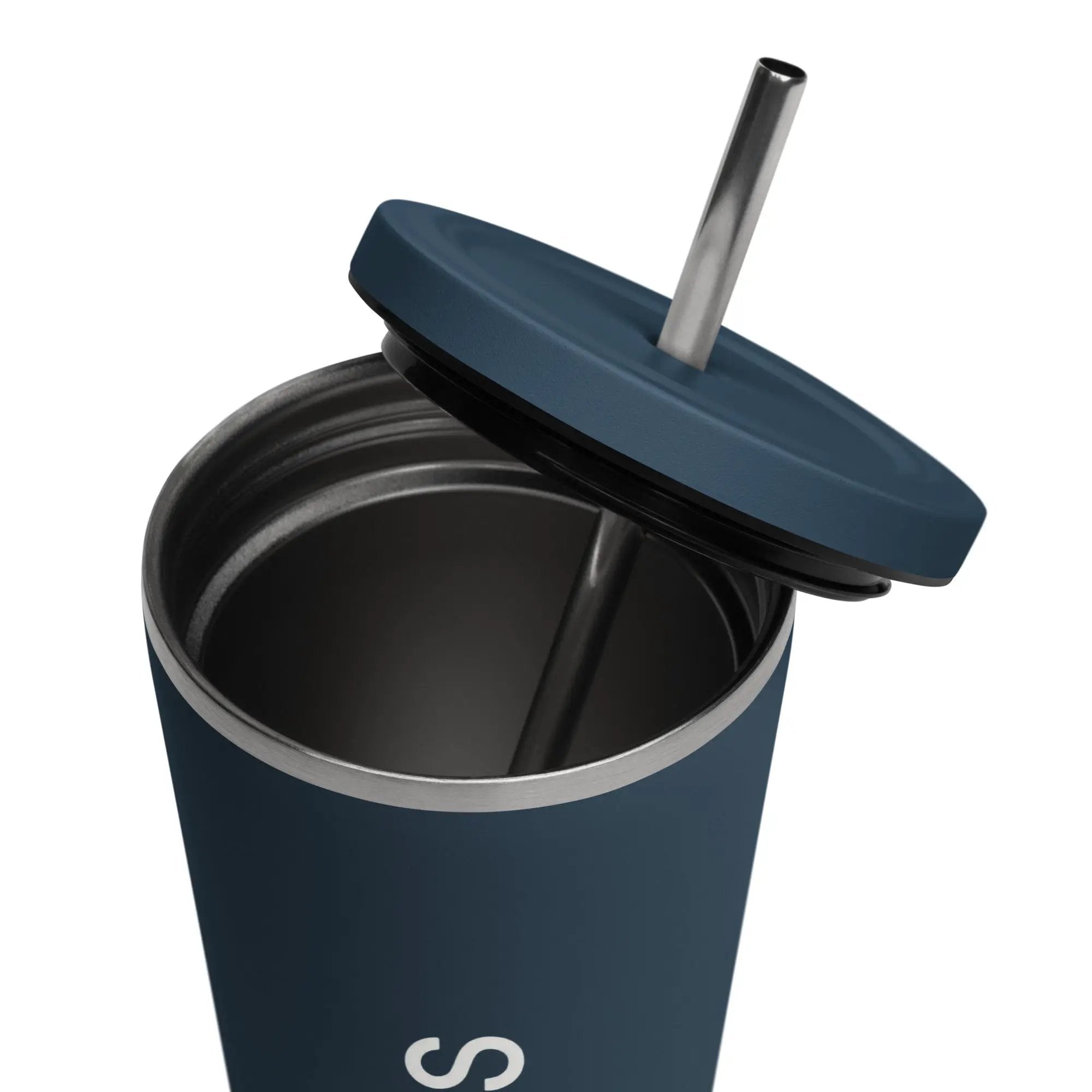 Insulated tumbler with straw, navy blue body and stainless steel straw.