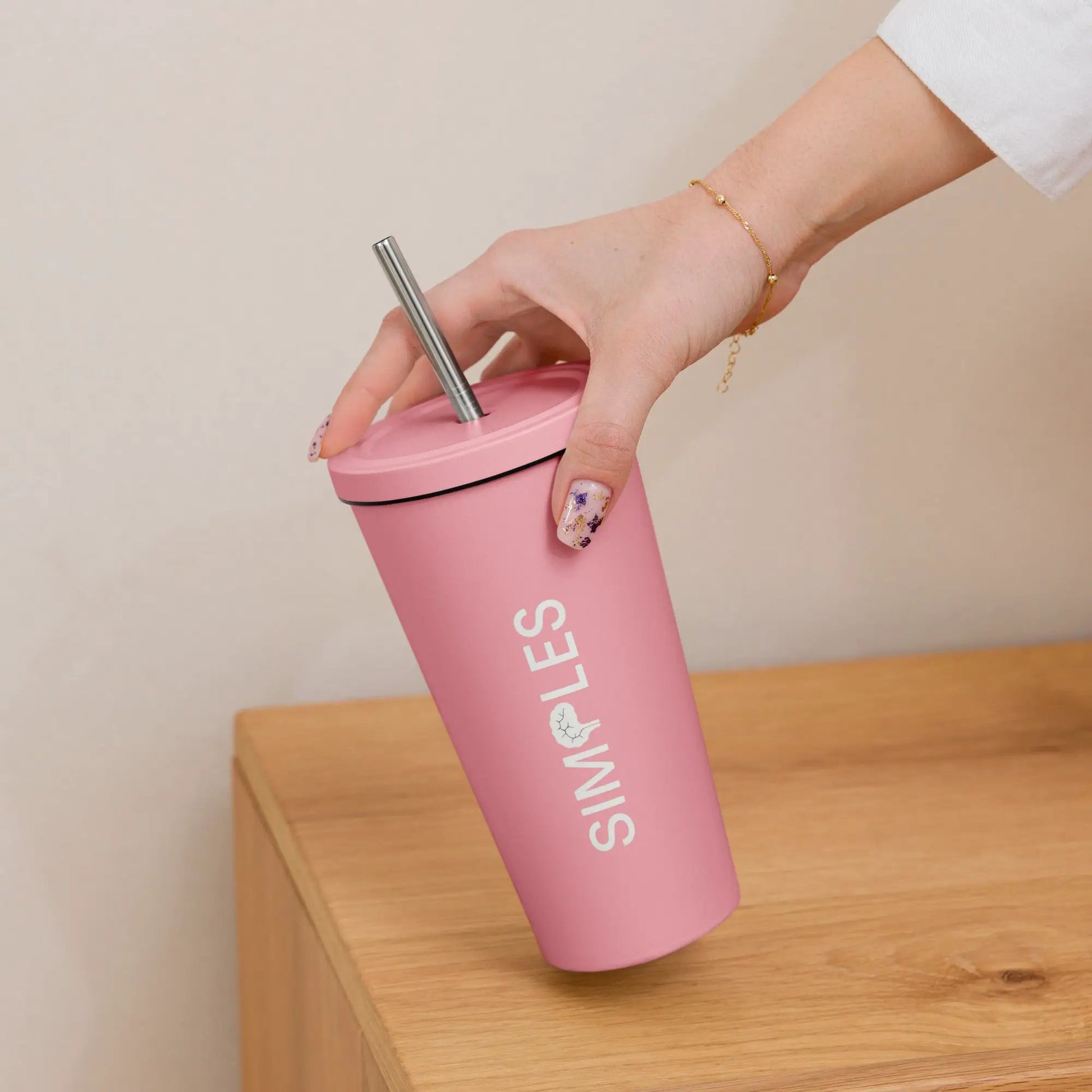Insulated tumbler with straw, pink, Simples Market.