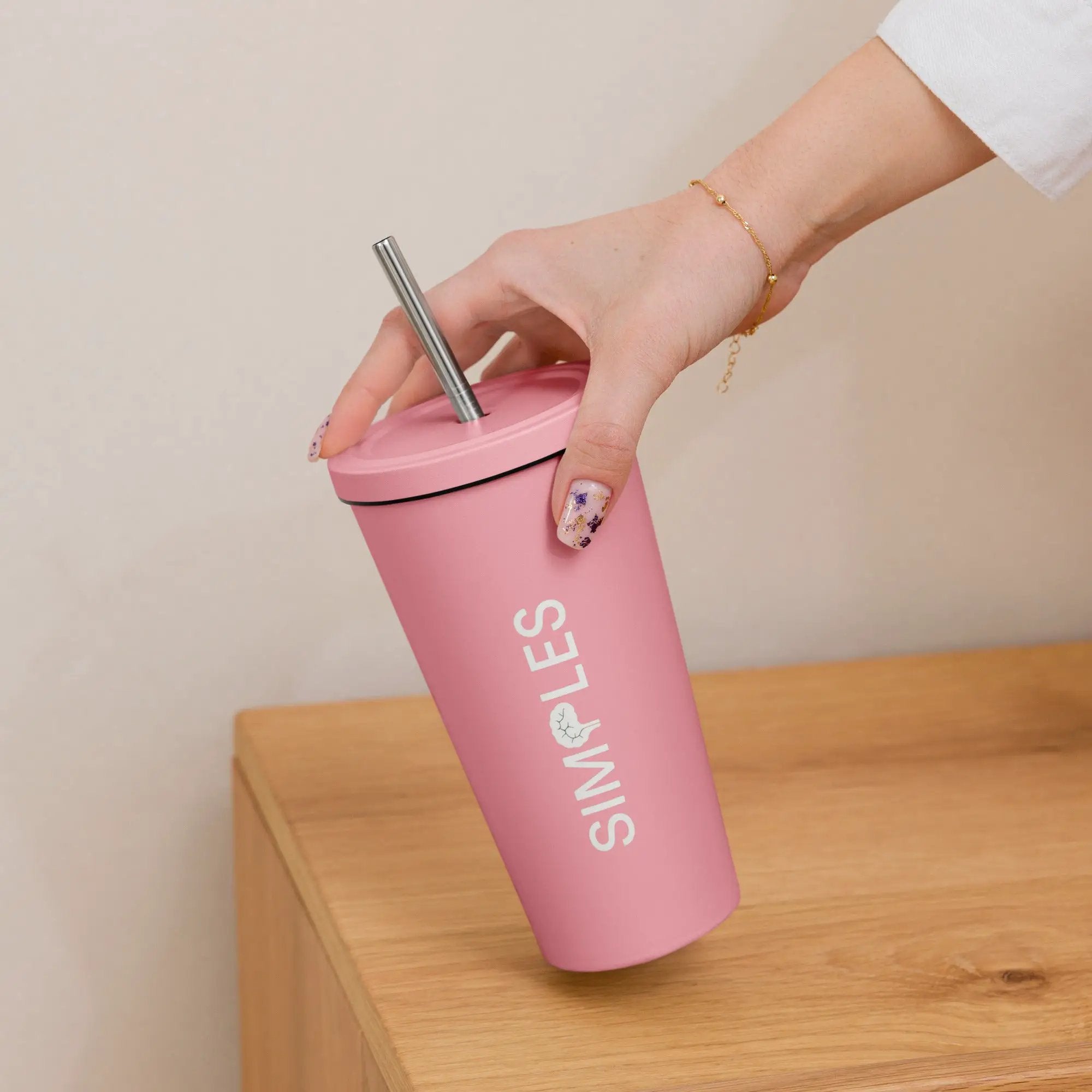 Insulated tumbler with straw, pink, Simples Market.