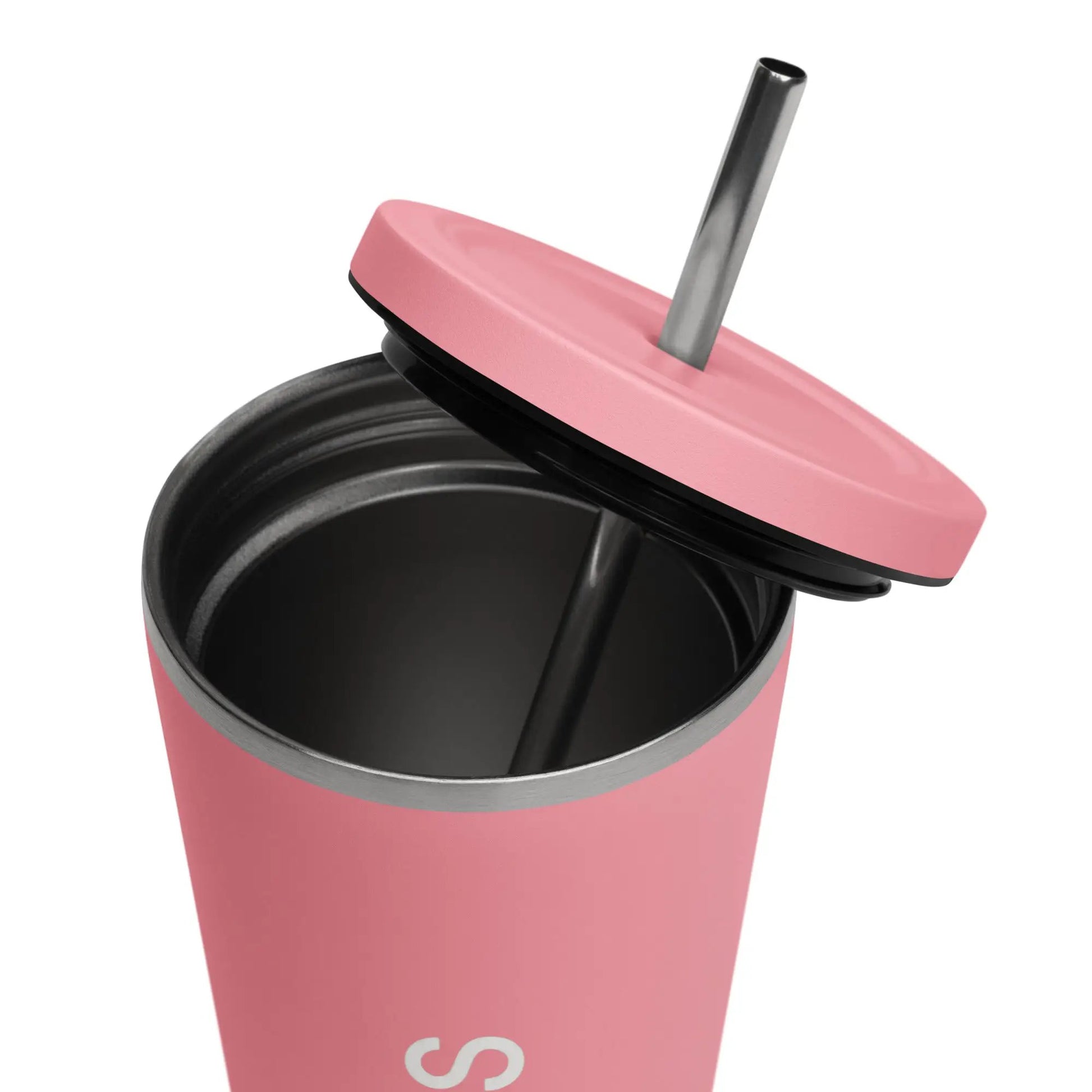 Insulated tumbler with pink exterior and metal straw