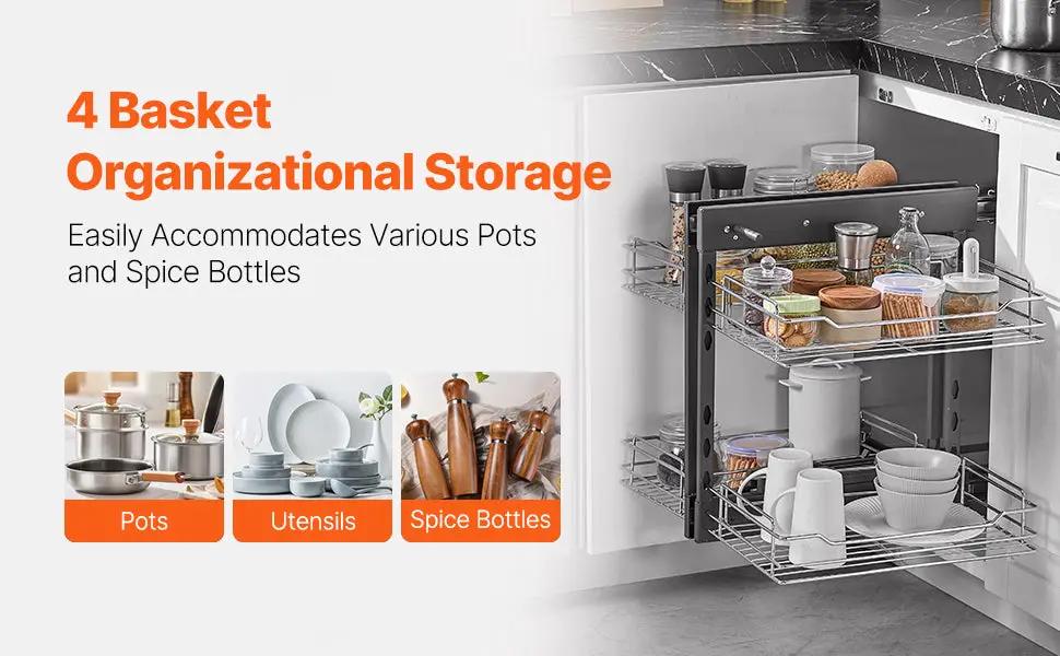 4-shelf chrome pull-out kitchen cabinet organizer with wire baskets for pots, utensils and spice bottles