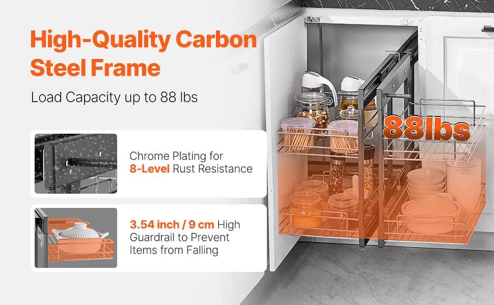 2/3-Tier pull-out corner cabinet organizer with carbon steel frame and orange baskets