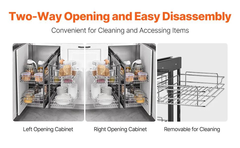 Two-way opening pull-out corner cabinet organizer with four chrome wire shelves