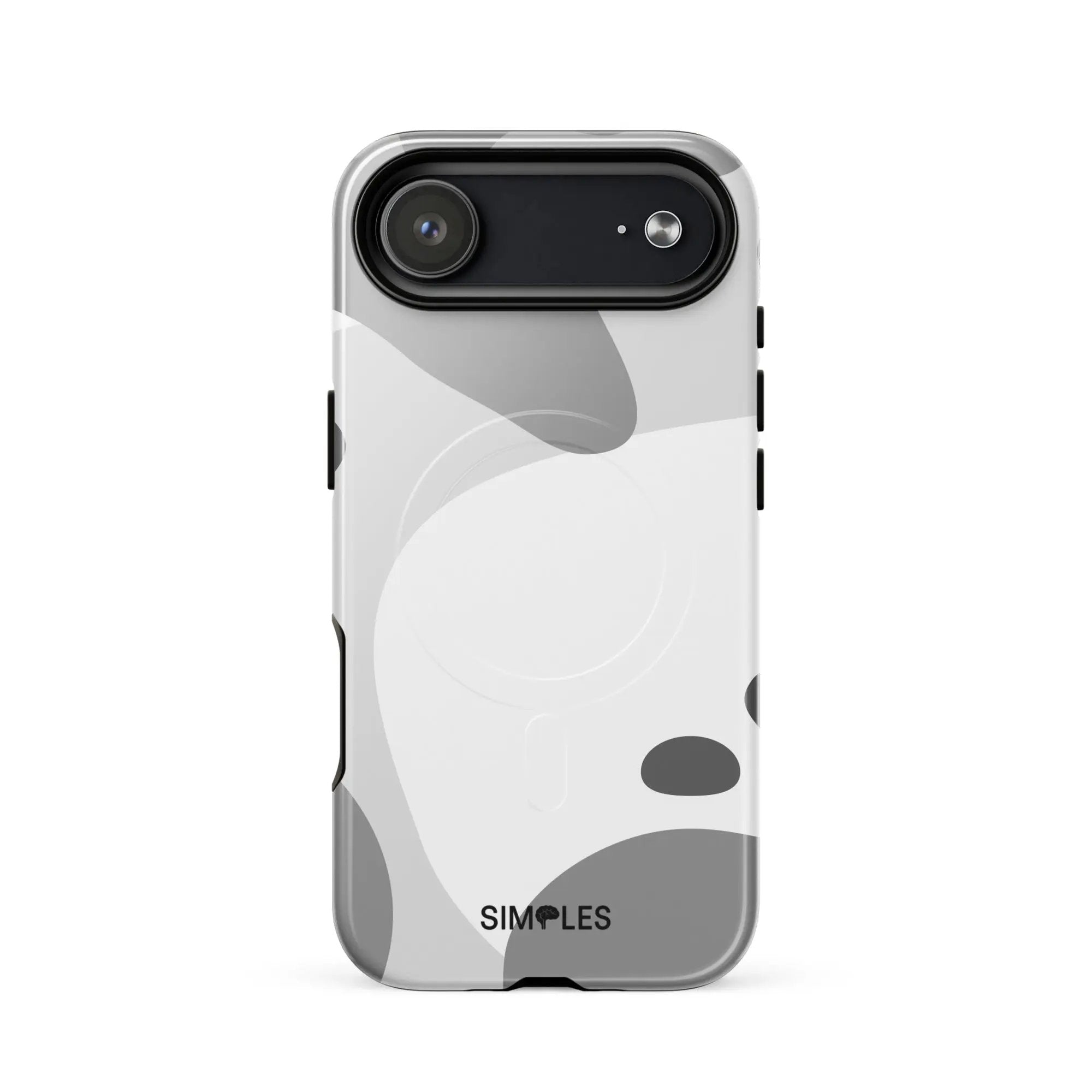 MagSafe tough case for iPhone by Simples Market; transparent with black camera ring and gray abstract pattern.