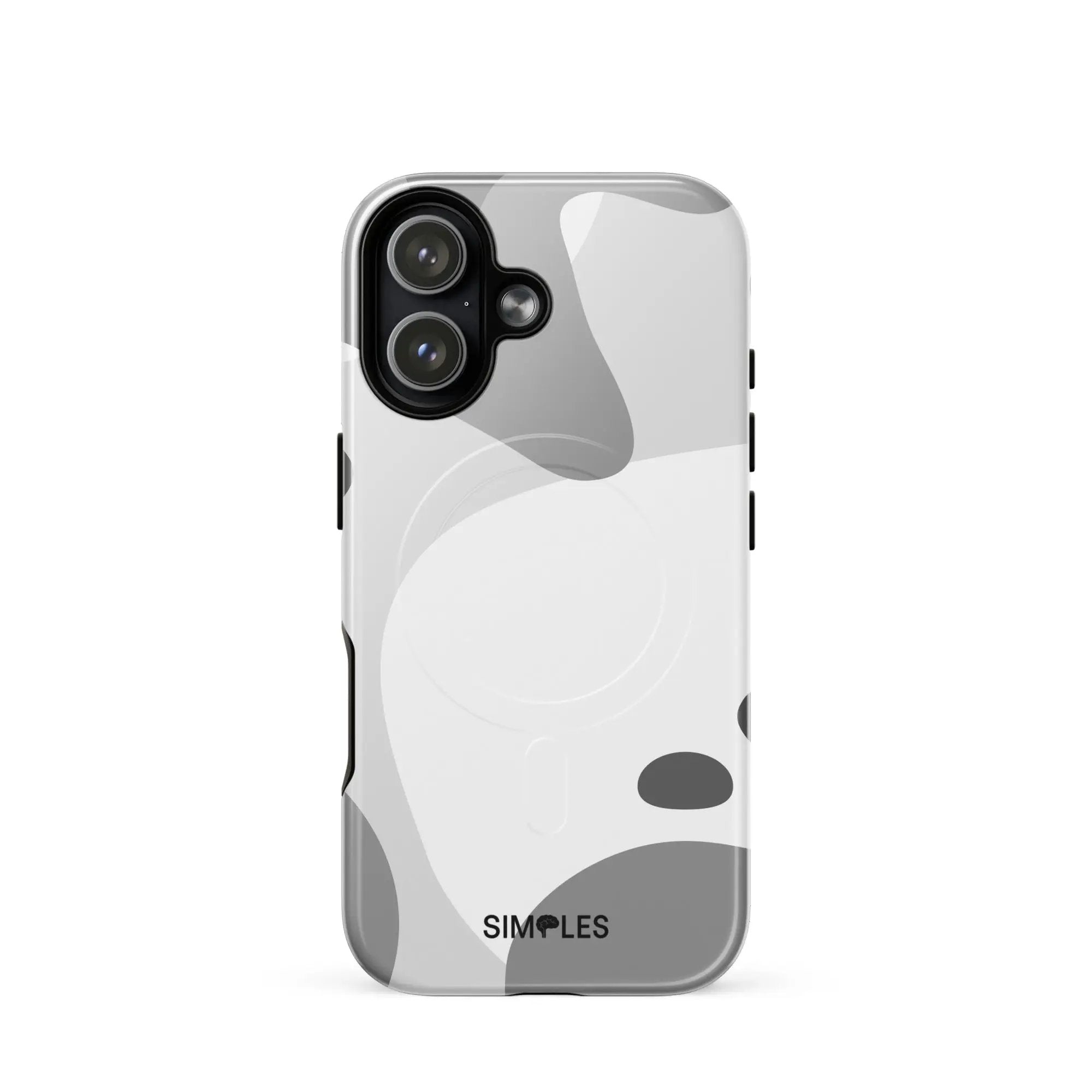 MagSafe tough case for iPhone, clear with gray abstract pattern, Simples Market branding visible.