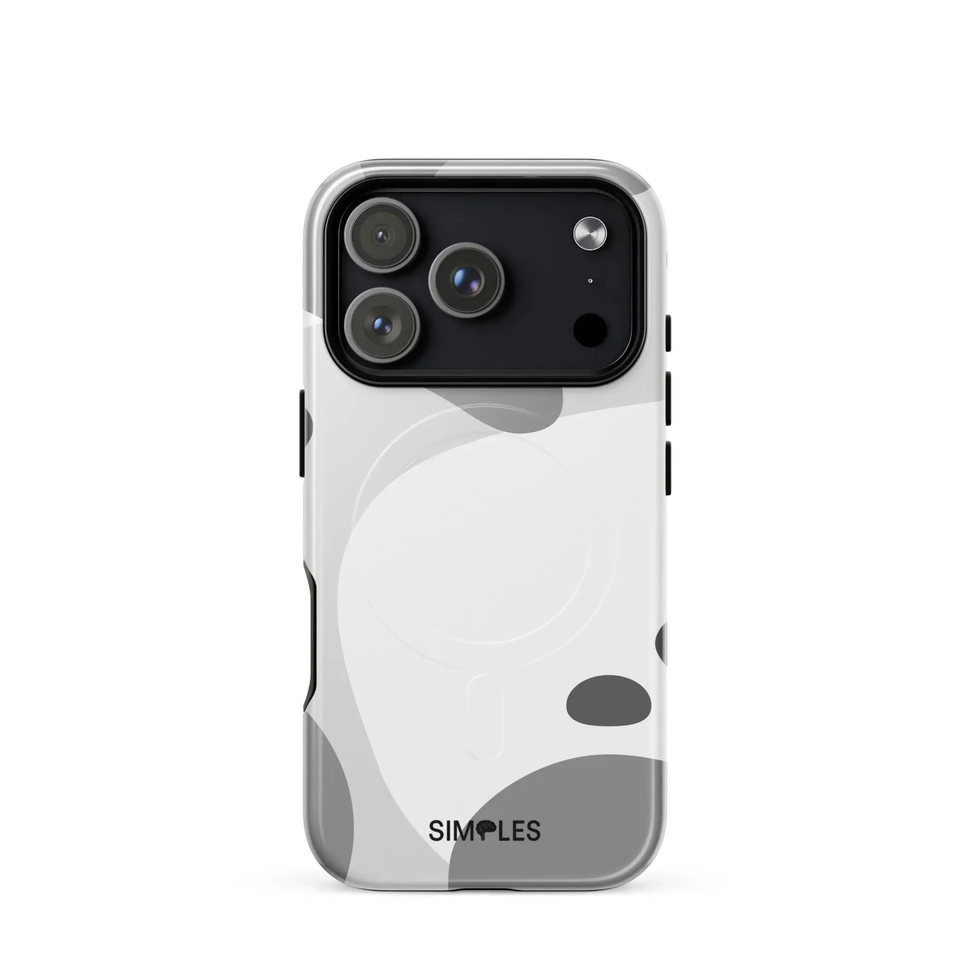 MagSafe tough case for iPhone by Simples Market; clear cover with grey abstract pattern and visible logo