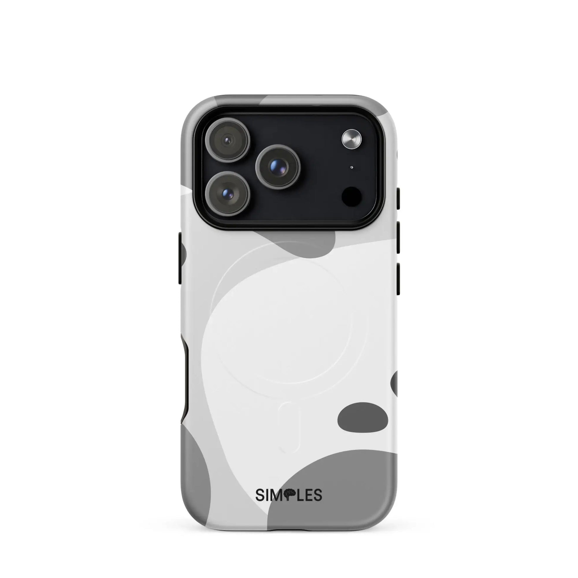 MagSafe tough case for iPhone by Simples Market; white with gray abstract pattern and visible logo