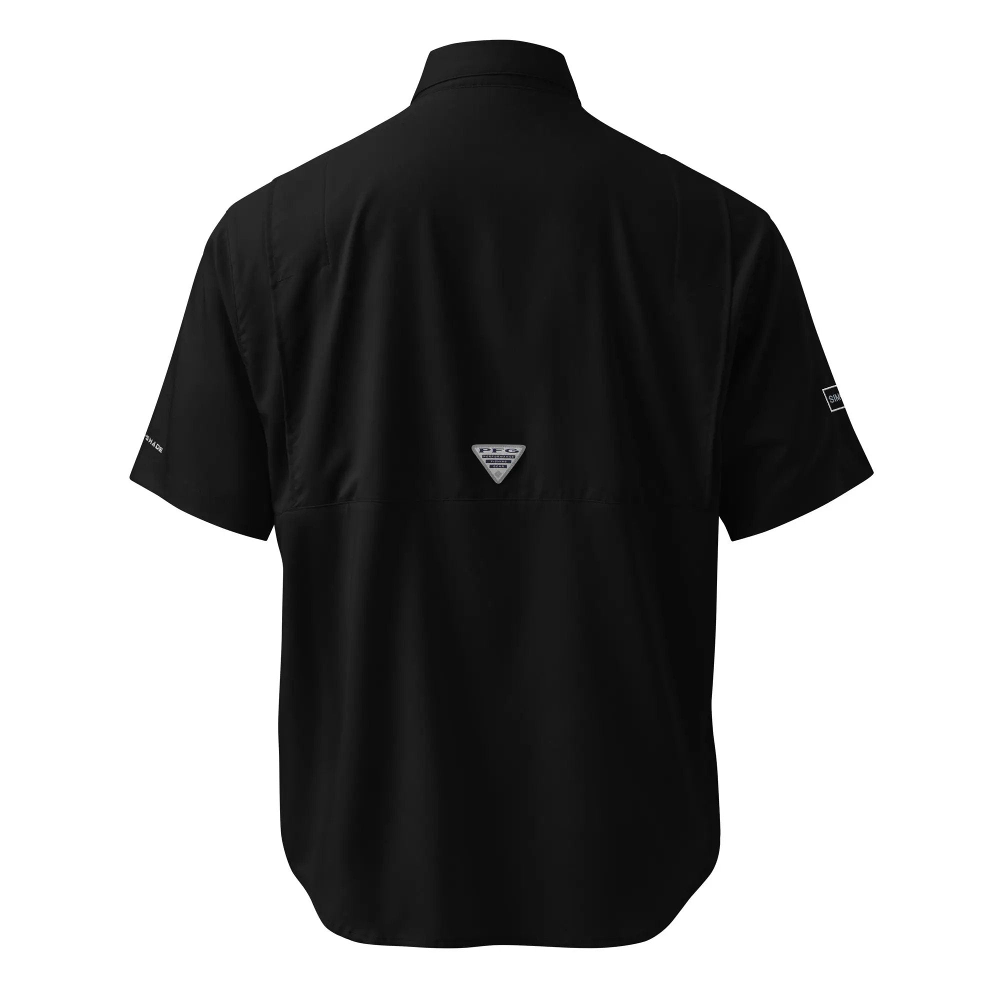 Black men's Columbia short-sleeve button-up shirt, back view with PFG badge near hem.