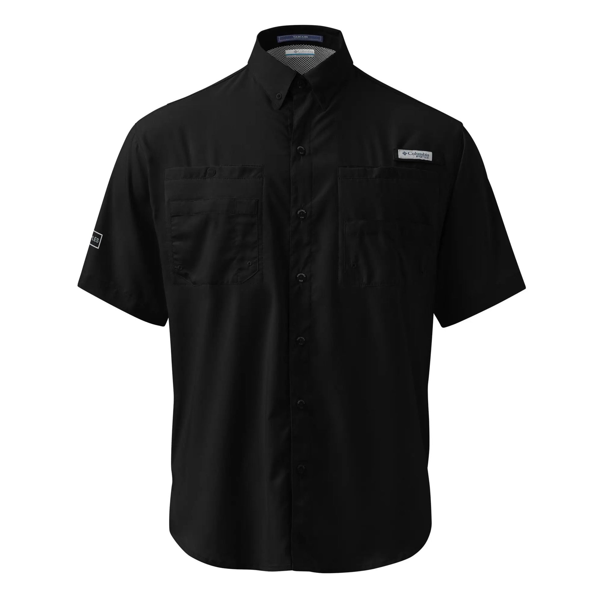 Men's black Columbia short-sleeve button shirt with dual chest pockets