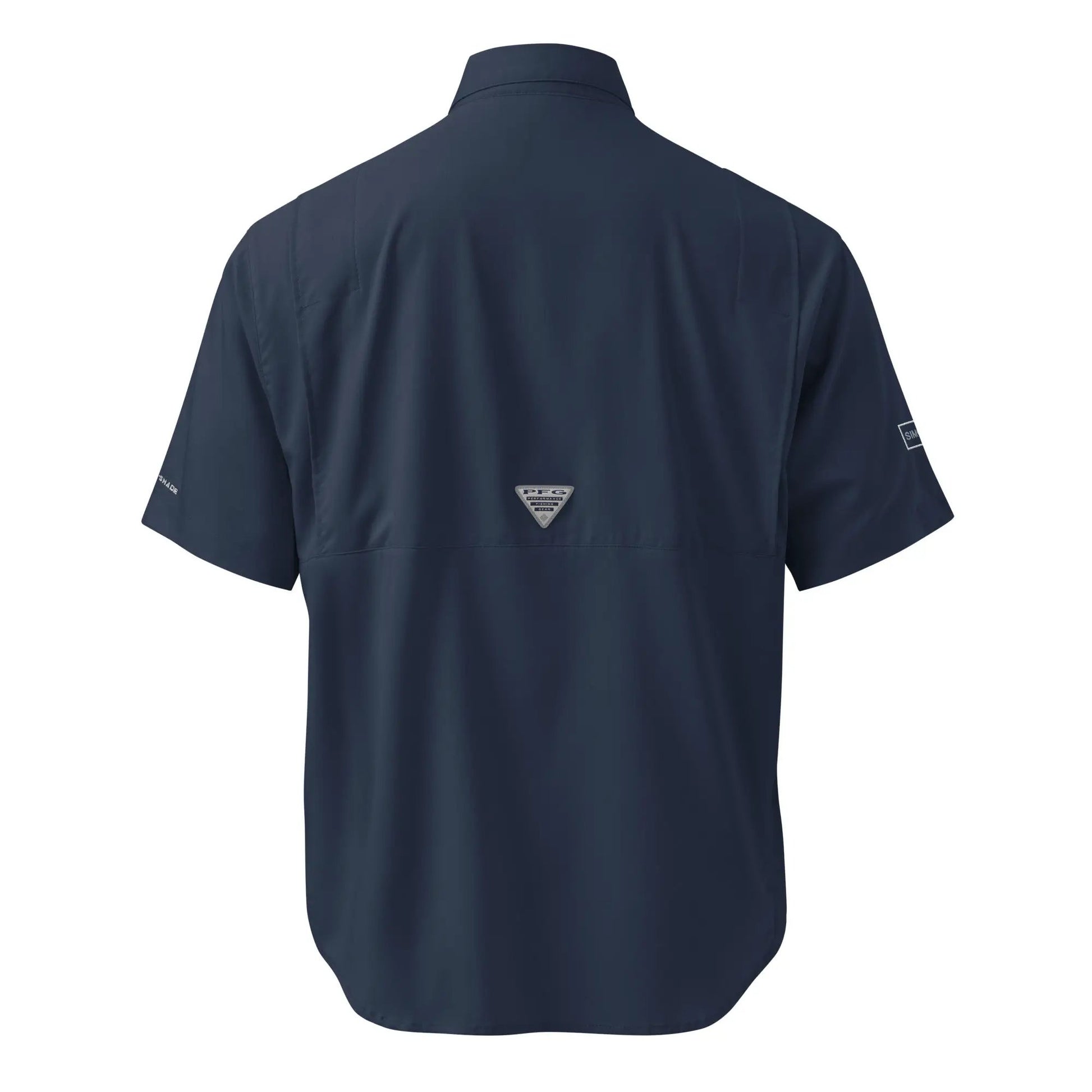 Men’s Columbia navy short-sleeve button shirt, back view; Simples Market.
