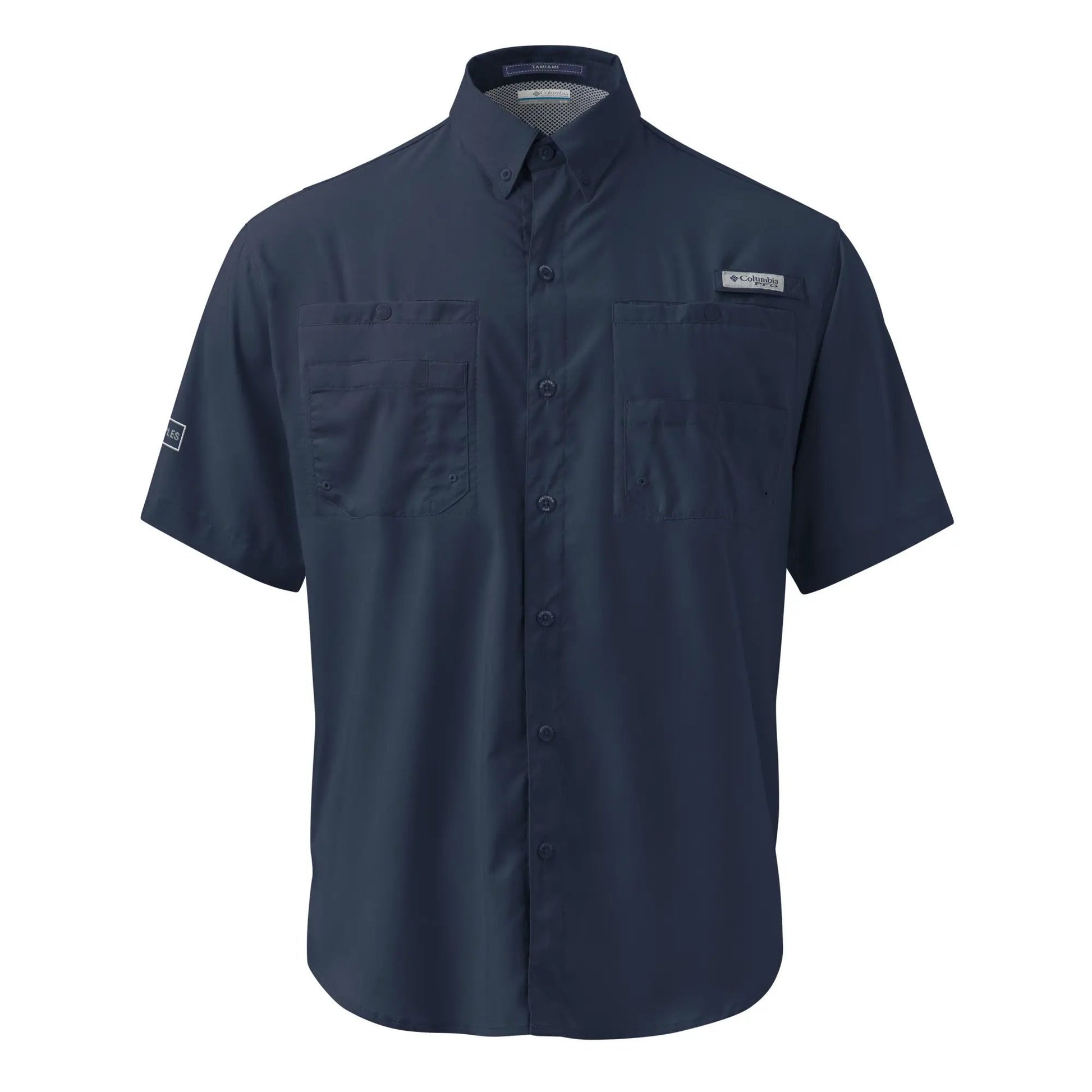 Men’s Columbia navy short-sleeve button shirt with front chest pockets