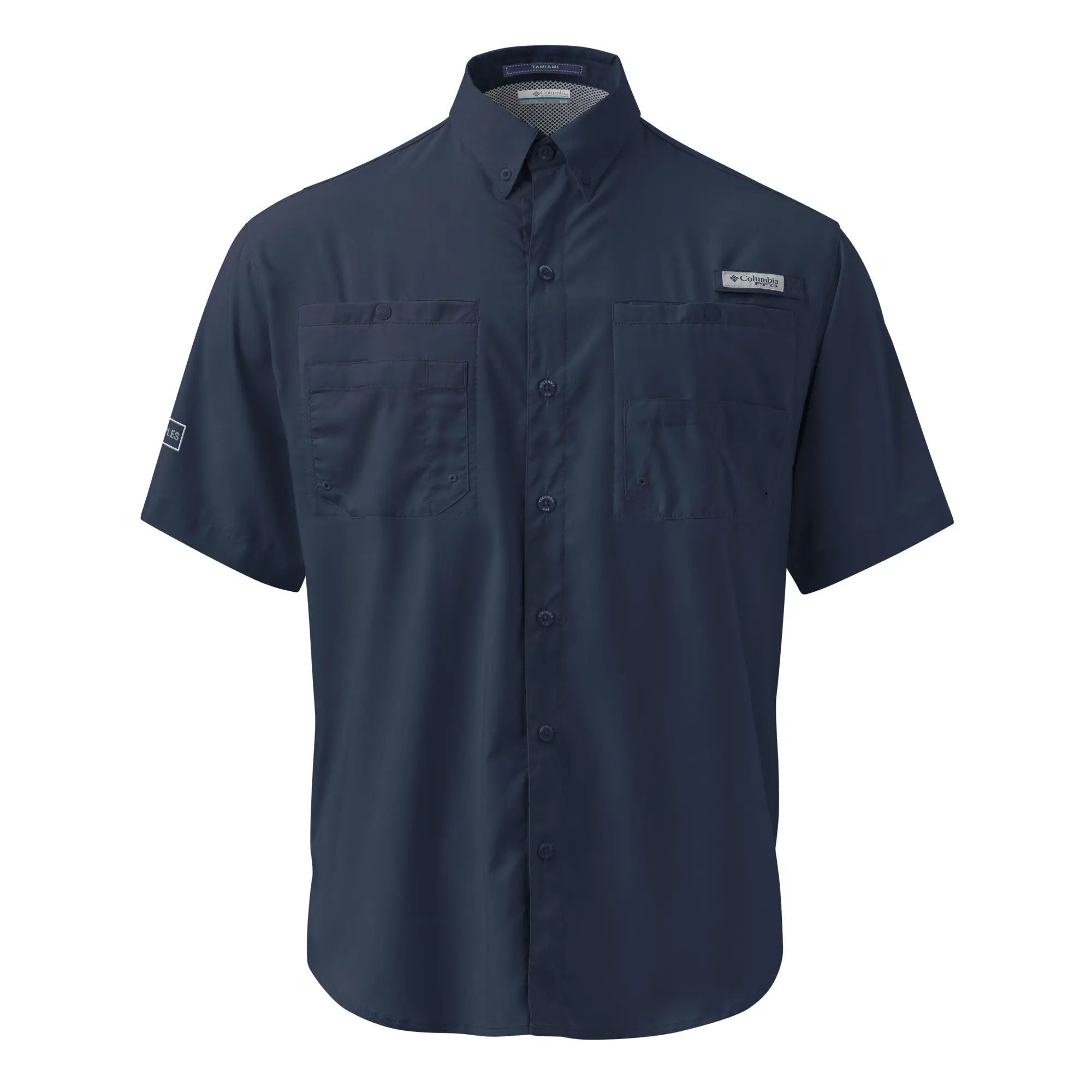 Men’s Columbia navy short-sleeve button shirt with front chest pockets