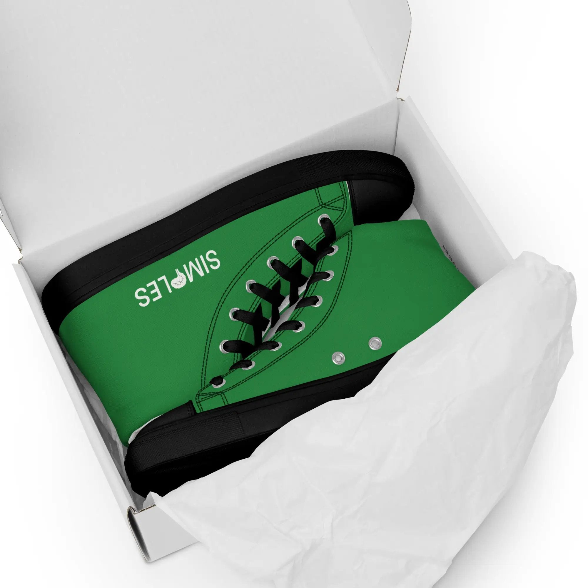 Men’s high-top green canvas sneakers by Simples Market in a white shoebox