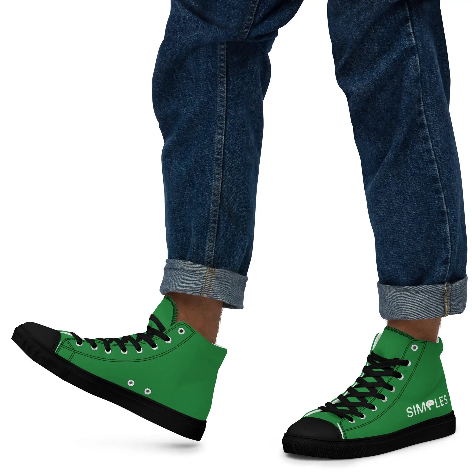 Pair of men's high-top canvas sneakers by Simples Market, green with black toe caps