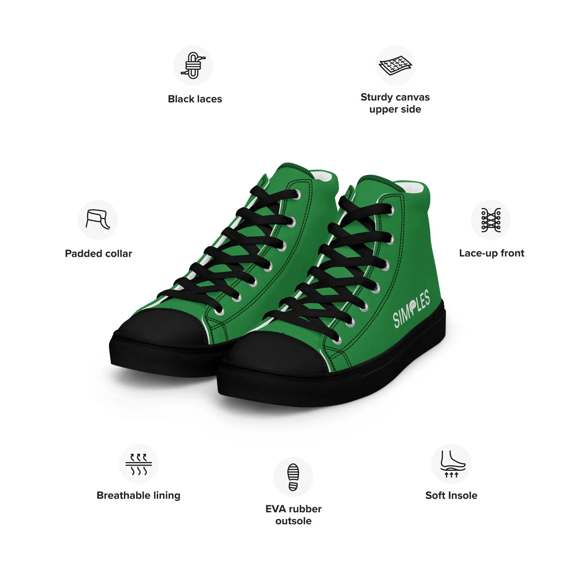 Men's high-top canvas sneakers by Simples Market, green with black laces and rubber sole