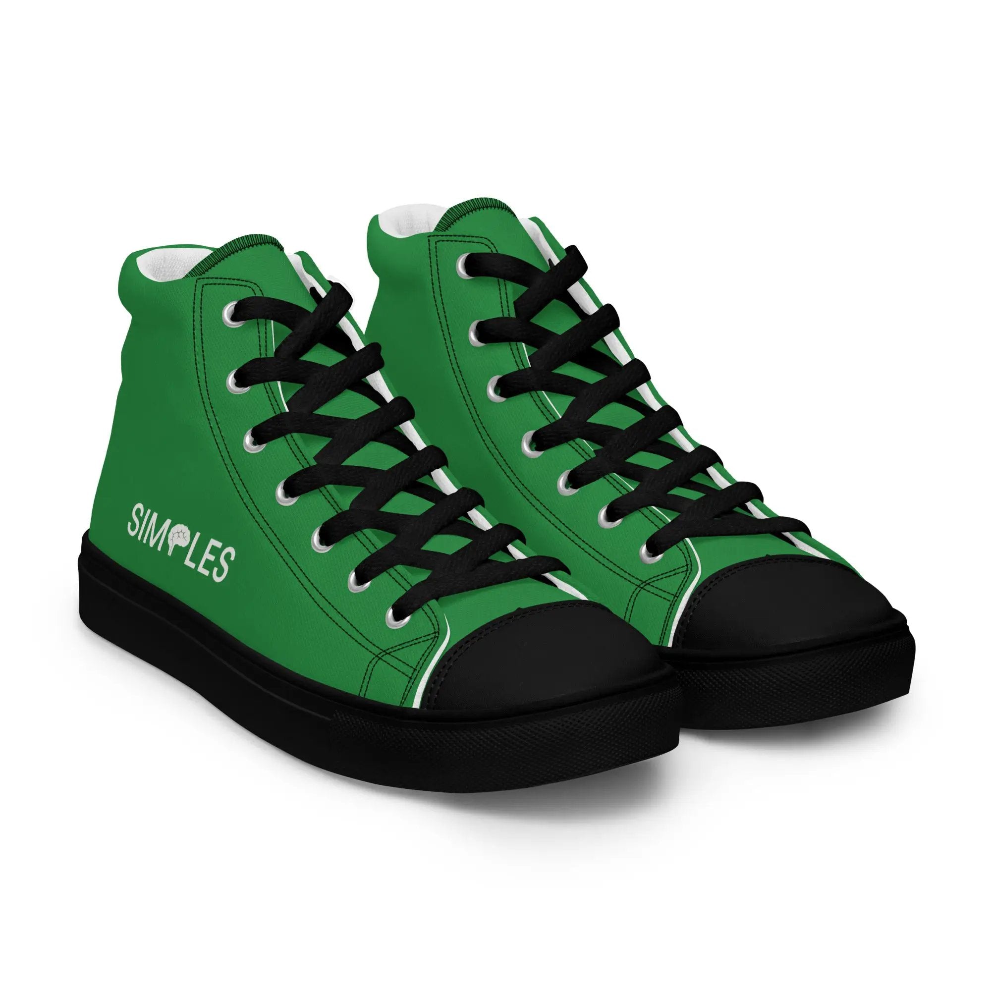 Pair of green high-top canvas sneakers by Simples Market; black laces, white midsole