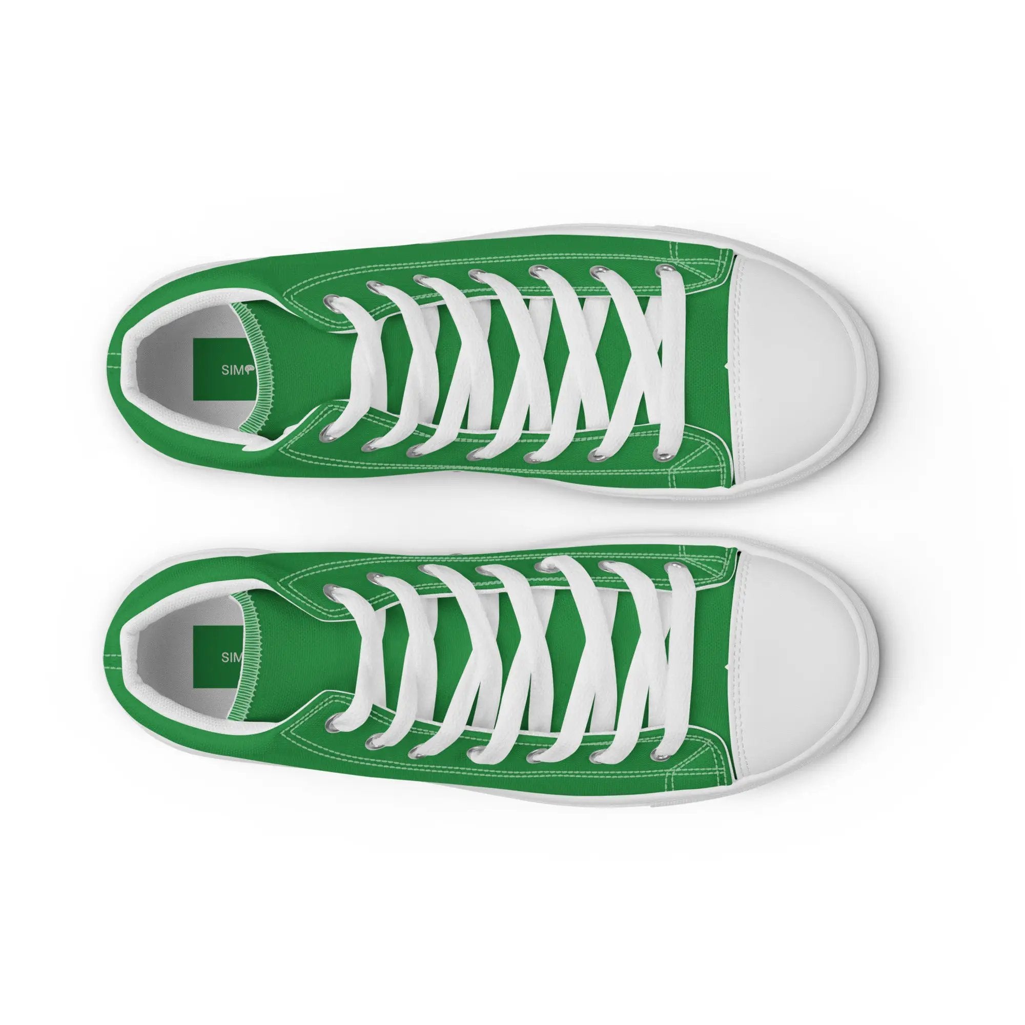 Men’s high-top green canvas sneakers by Simples Market, white laces, pair shown