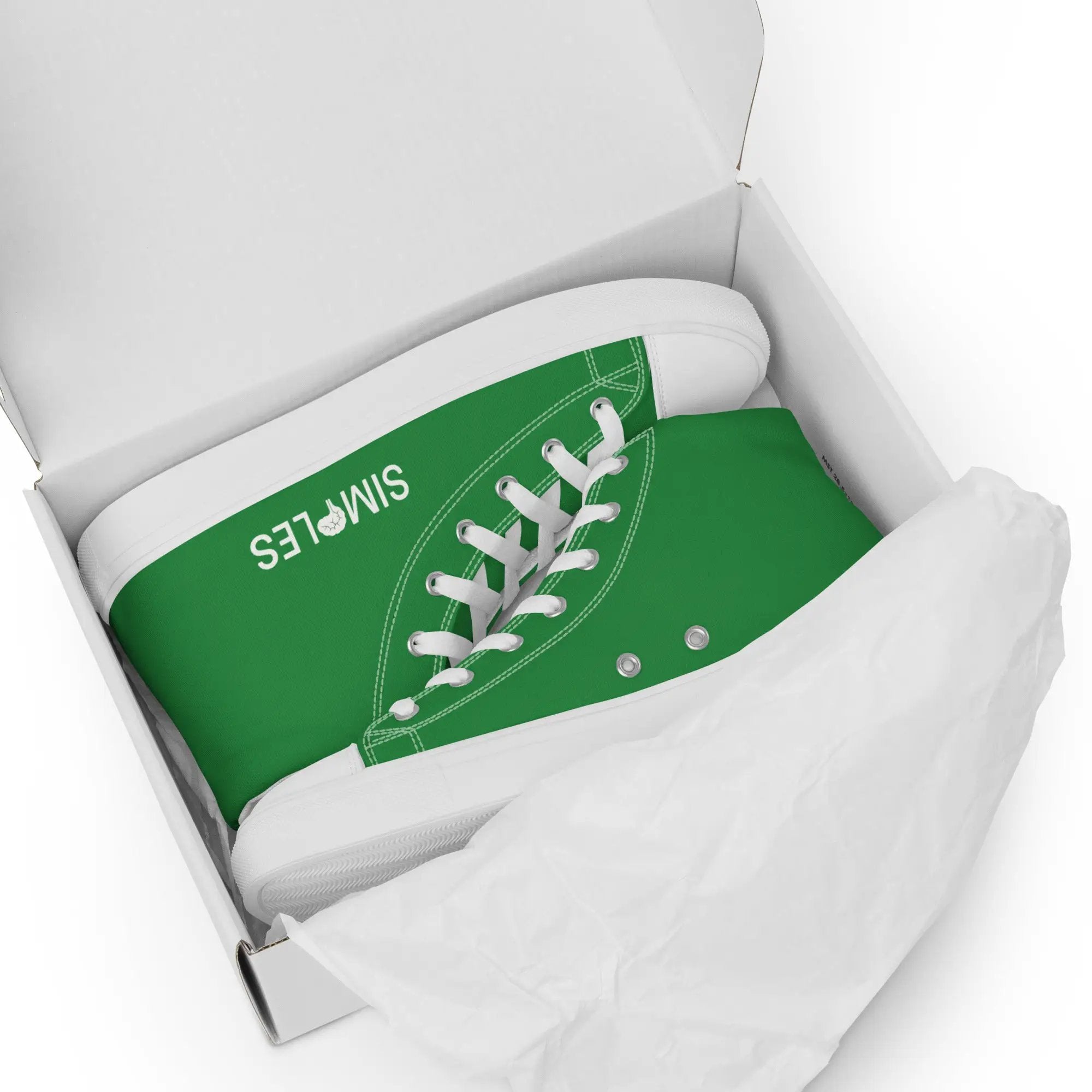 Men's high-top canvas sneakers by Simples Market in green with white laces in a white box