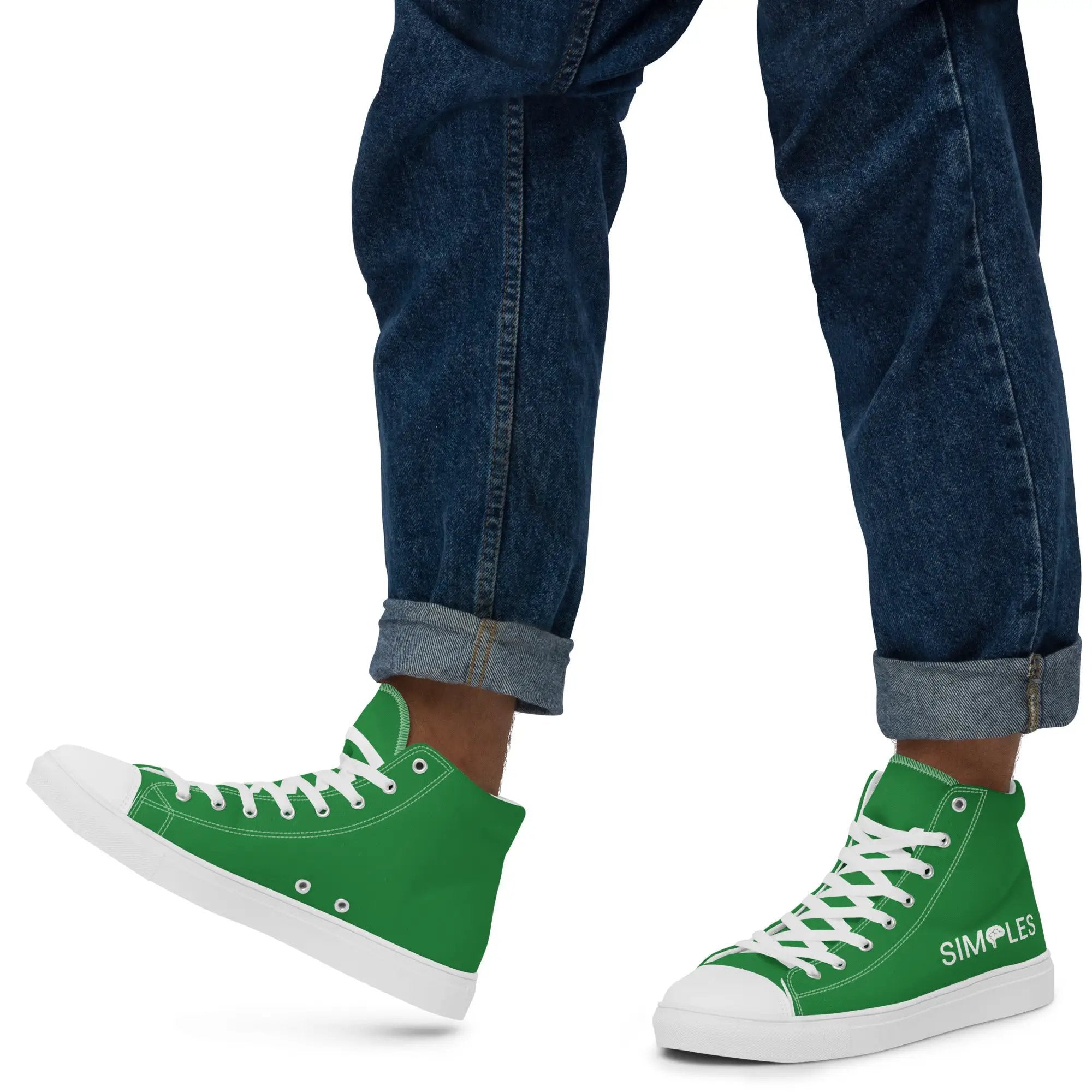 2 green canvas high-top sneakers by Simples Market, white soles