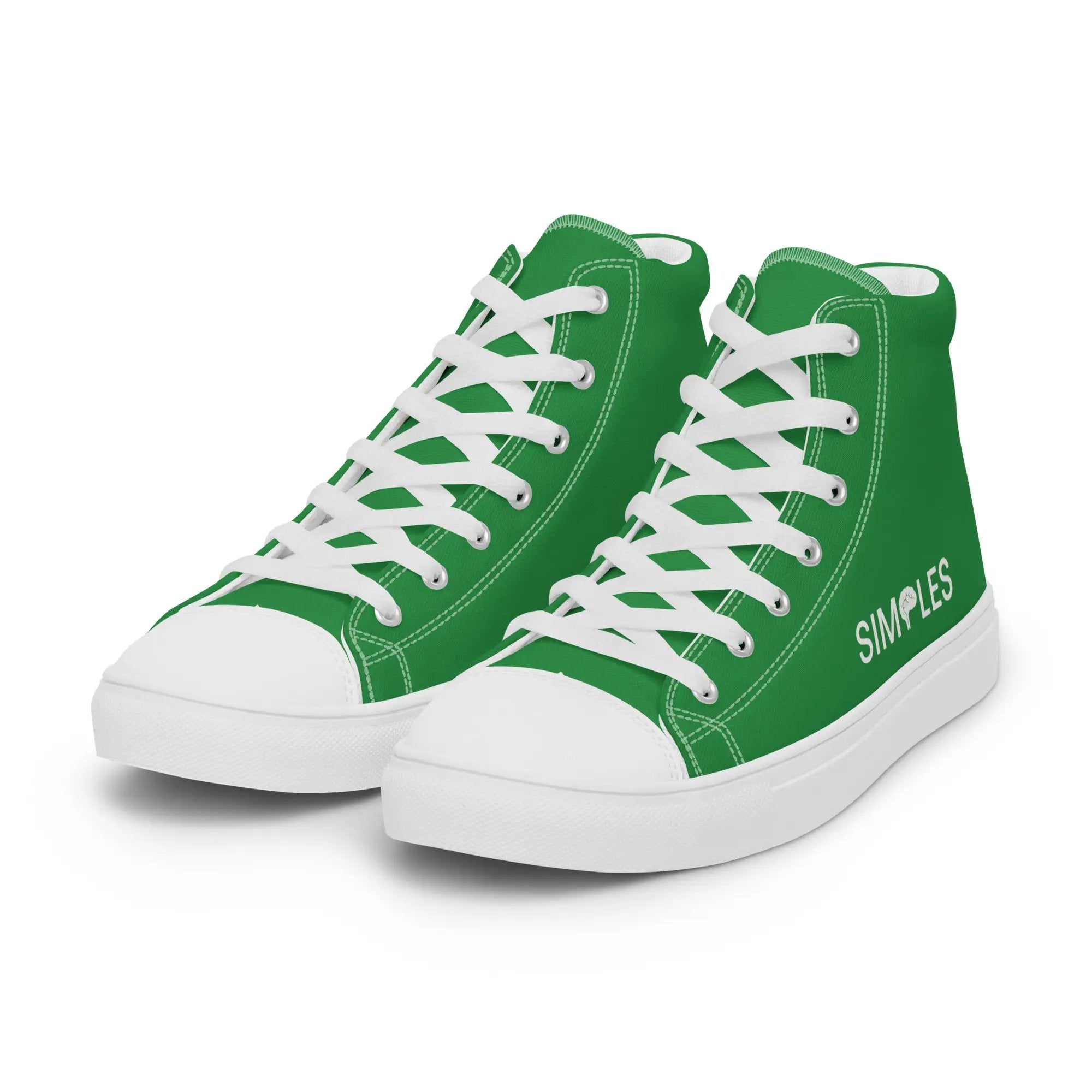 Pair of men’s high-top green canvas sneakers by Simples Market; white laces and rubber toe caps.