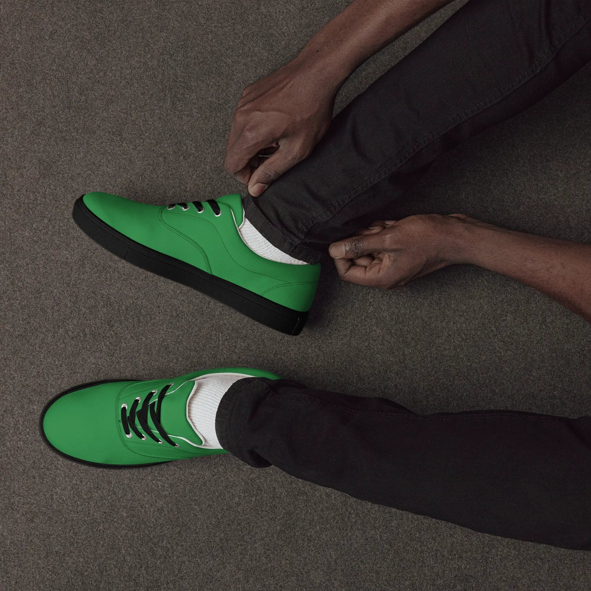 Men’s lace-up canvas shoes, bright green, black sole, pair shown