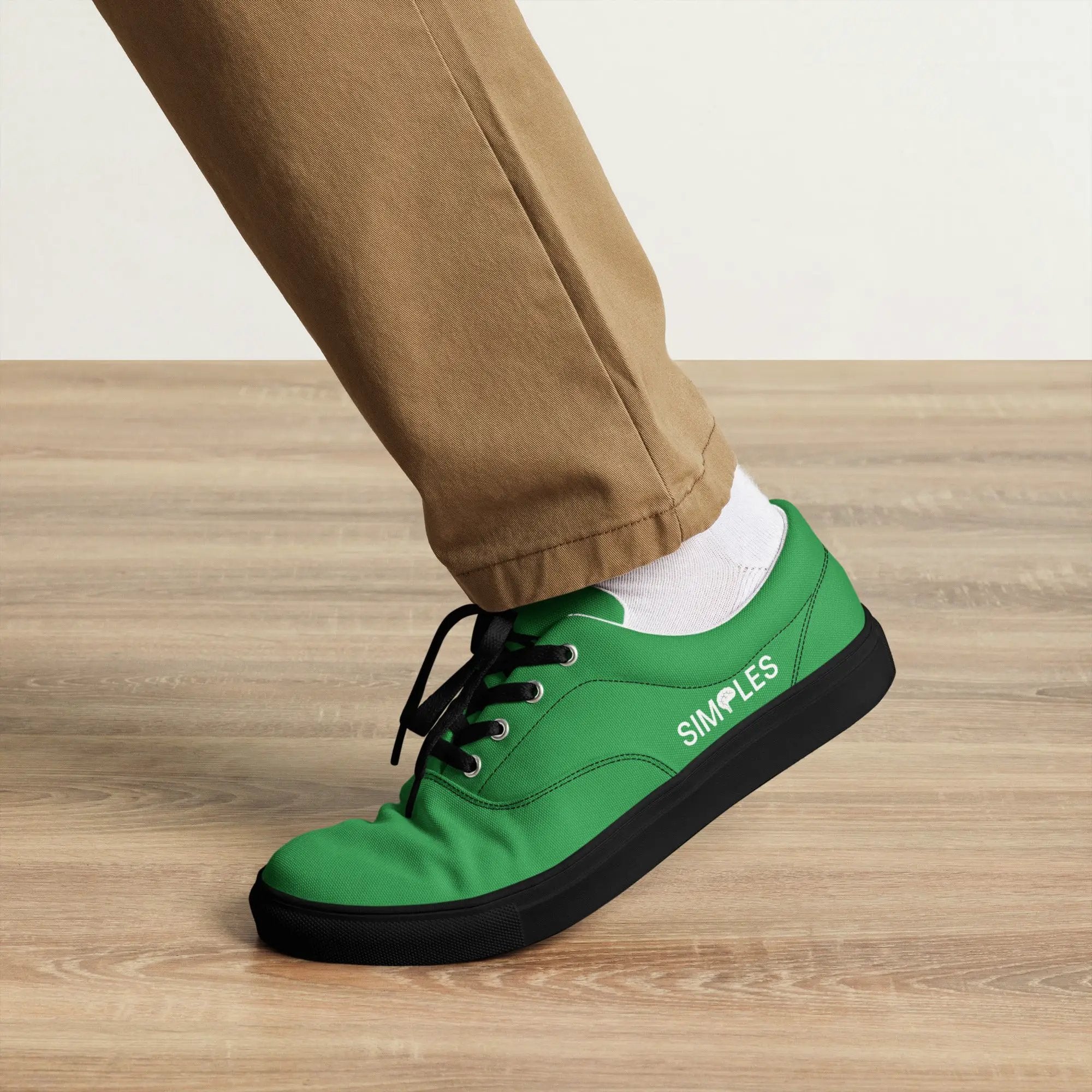 Men’s lace-up canvas shoes by Simples Market; green canvas upper with black sole