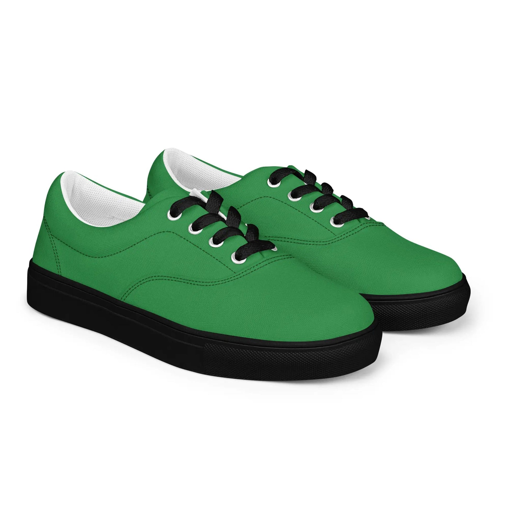 Men's lace-up canvas shoes, green with black laces; two casual sneakers shown.