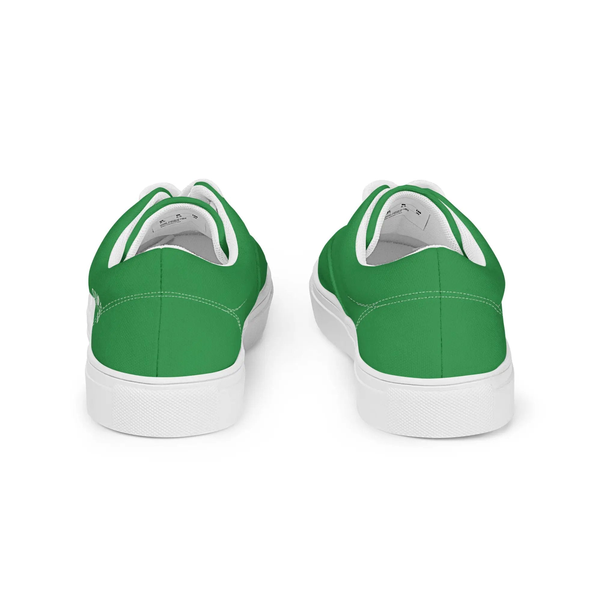 Men’s lace-up green canvas shoes with white soles, top-down view of a pair