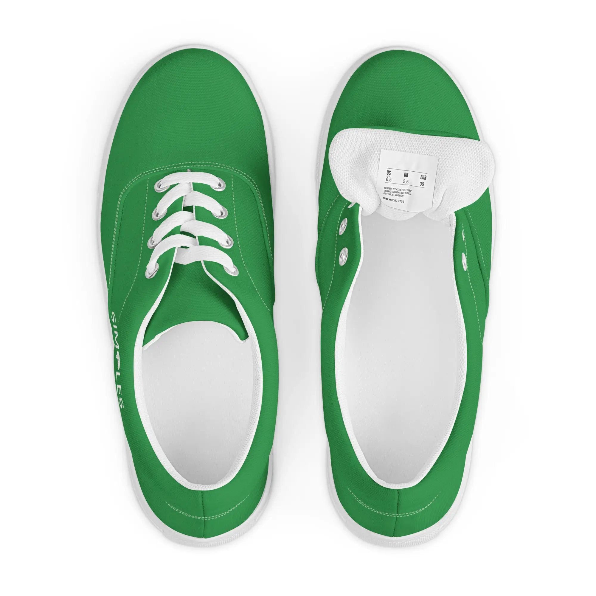 Men’s lace-up canvas shoes, green pair shown from a top-down view with white laces and stitched detailing