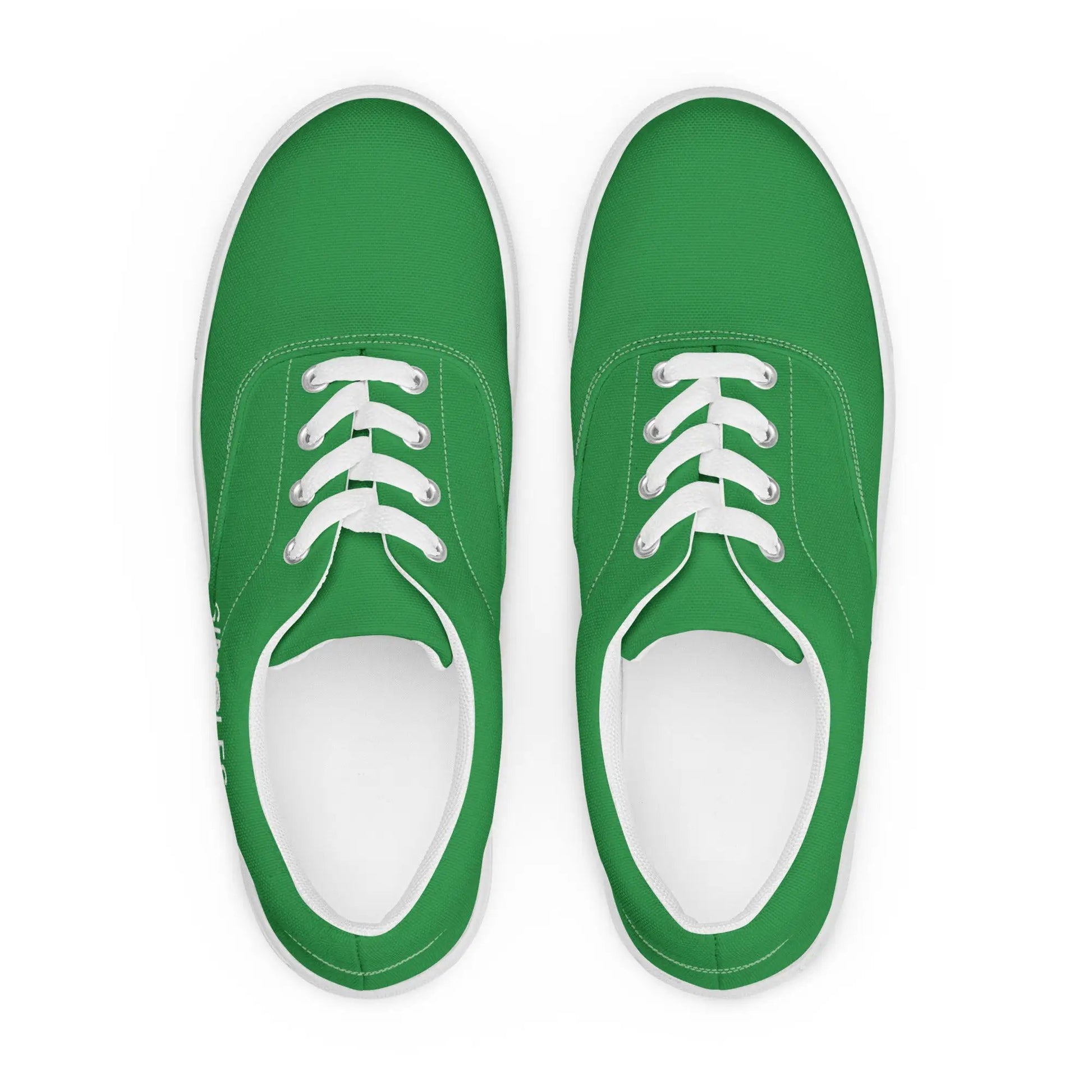 Men’s lace-up canvas shoes by Simples Market; green canvas sneakers with white laces and white soles, pair.