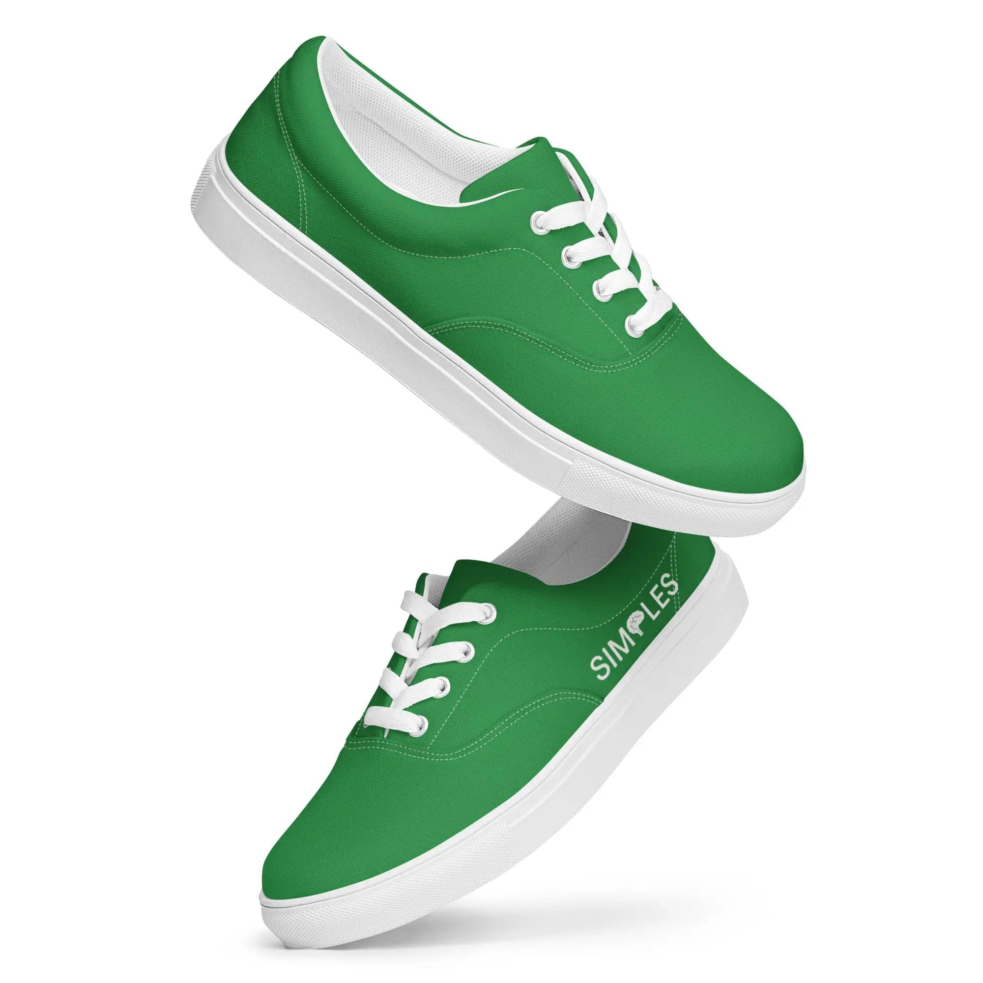 Men's lace-up canvas shoes, two green sneakers with white soles and laces, Simples Market