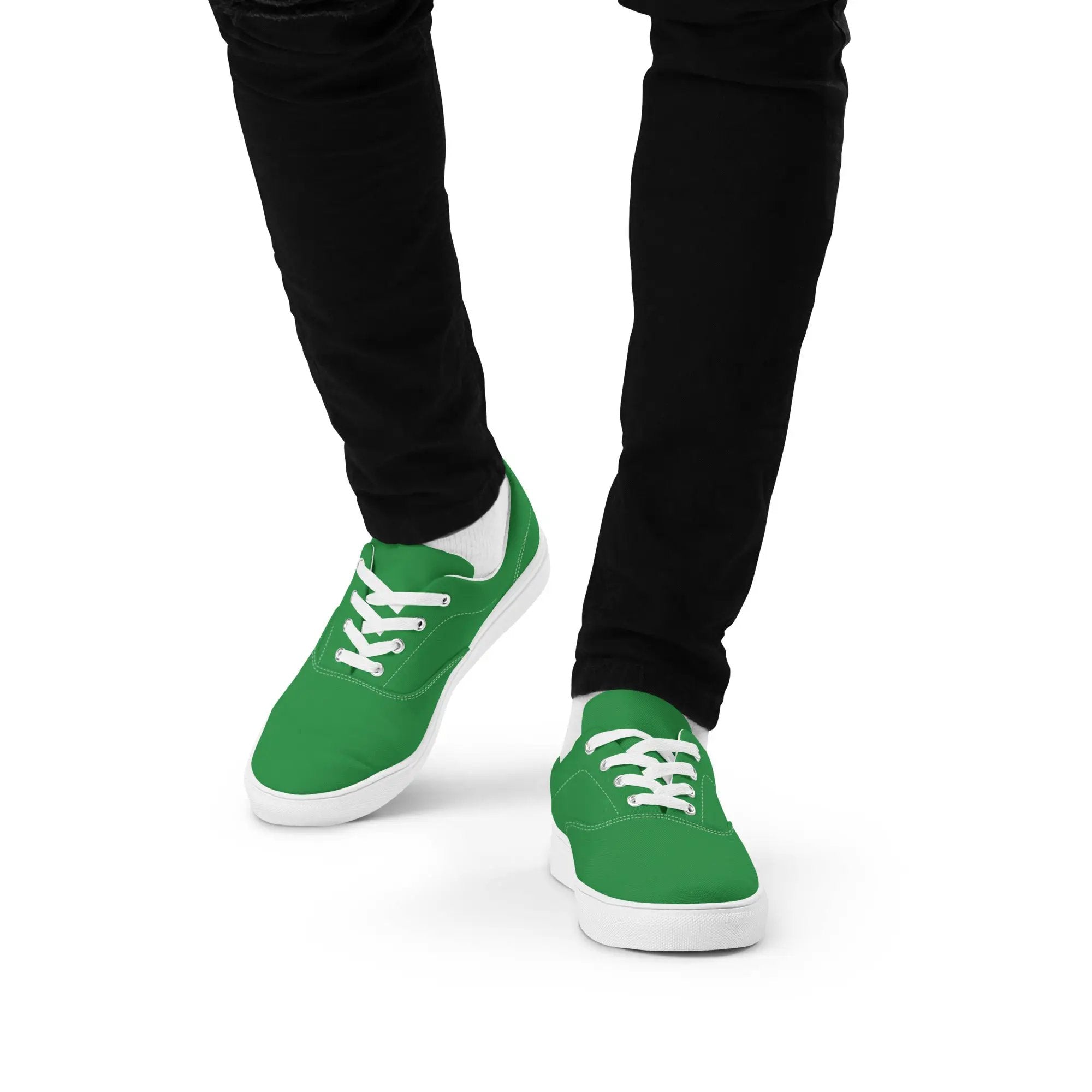 Men's lace-up canvas shoes, pair in bright green with white rubber sole