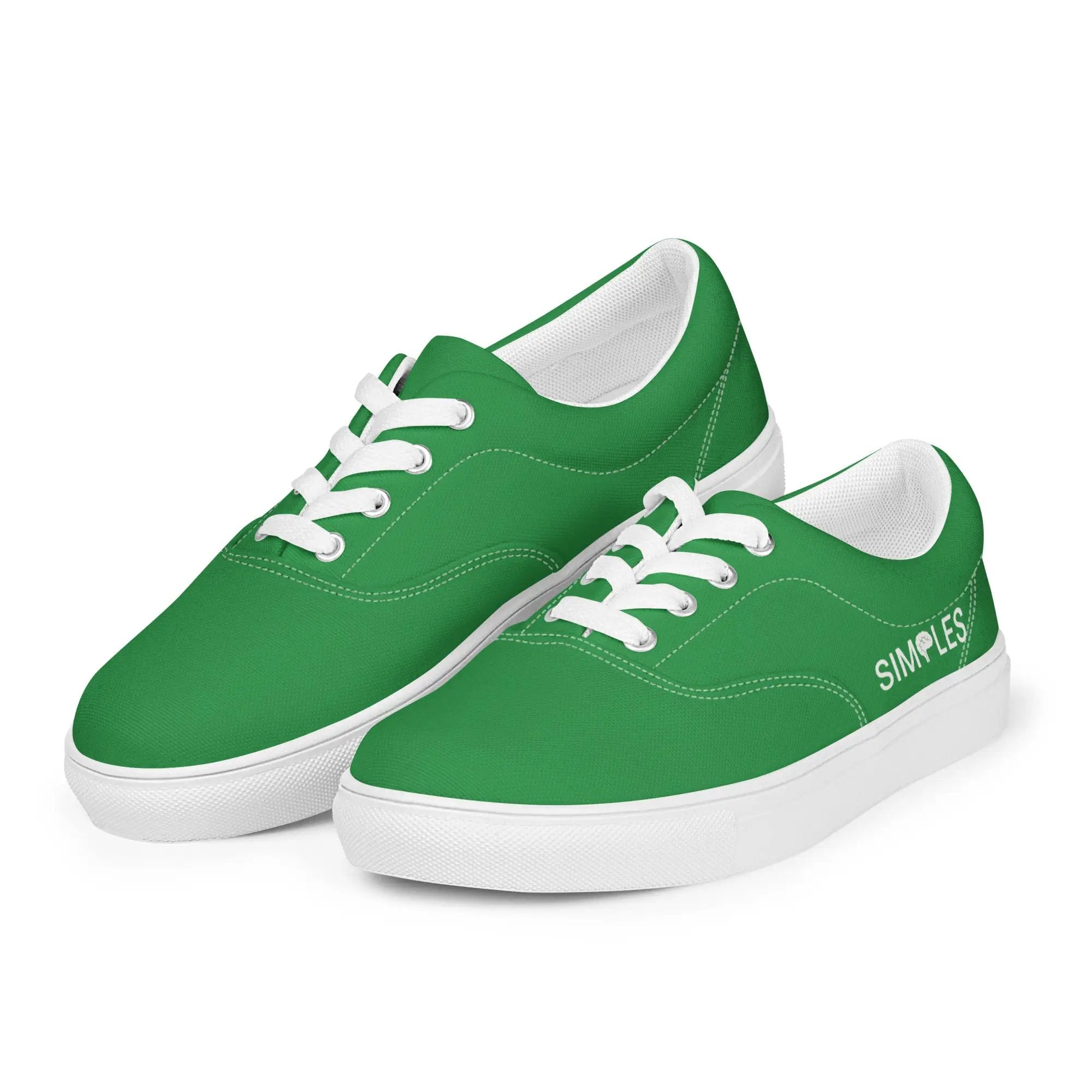 Pair of men's green lace-up canvas shoes with white laces and white soles, Simples Market.