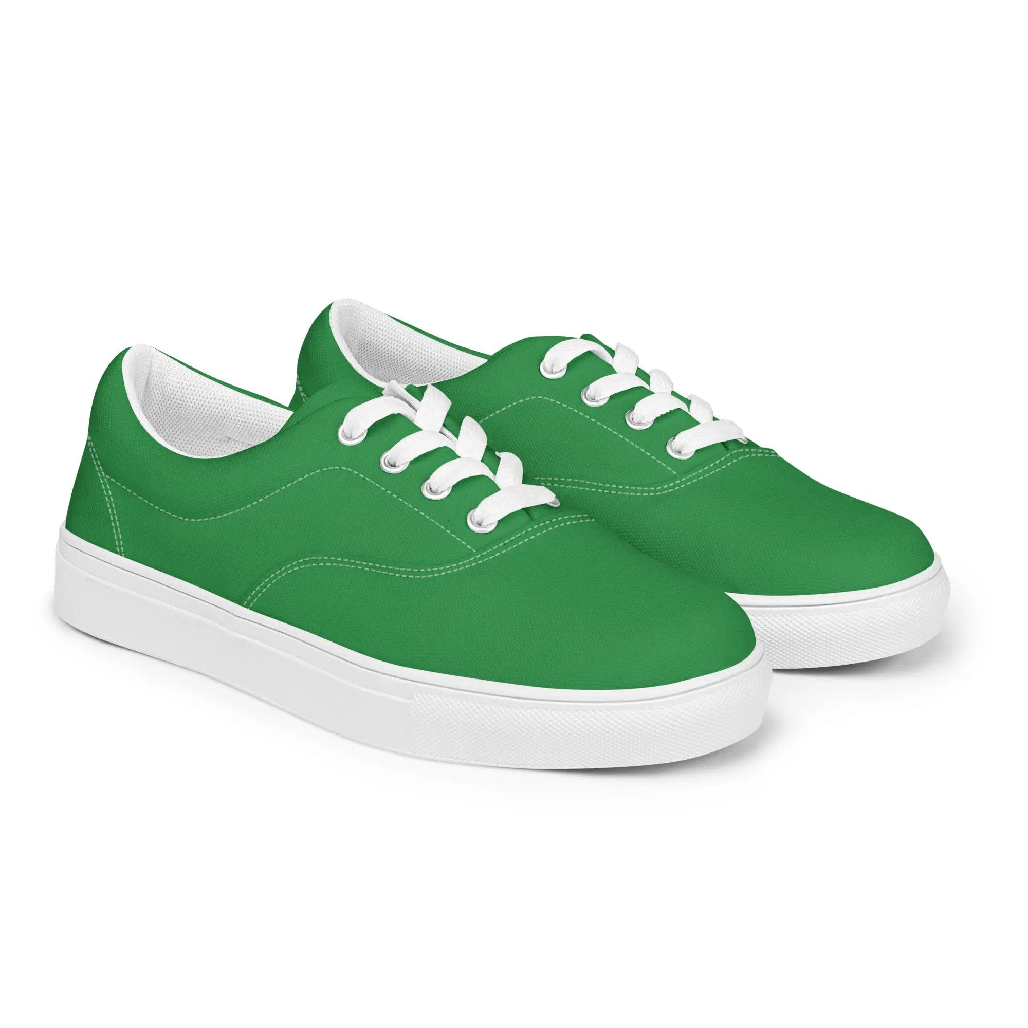 Pair of men's green lace-up canvas shoes with white soles