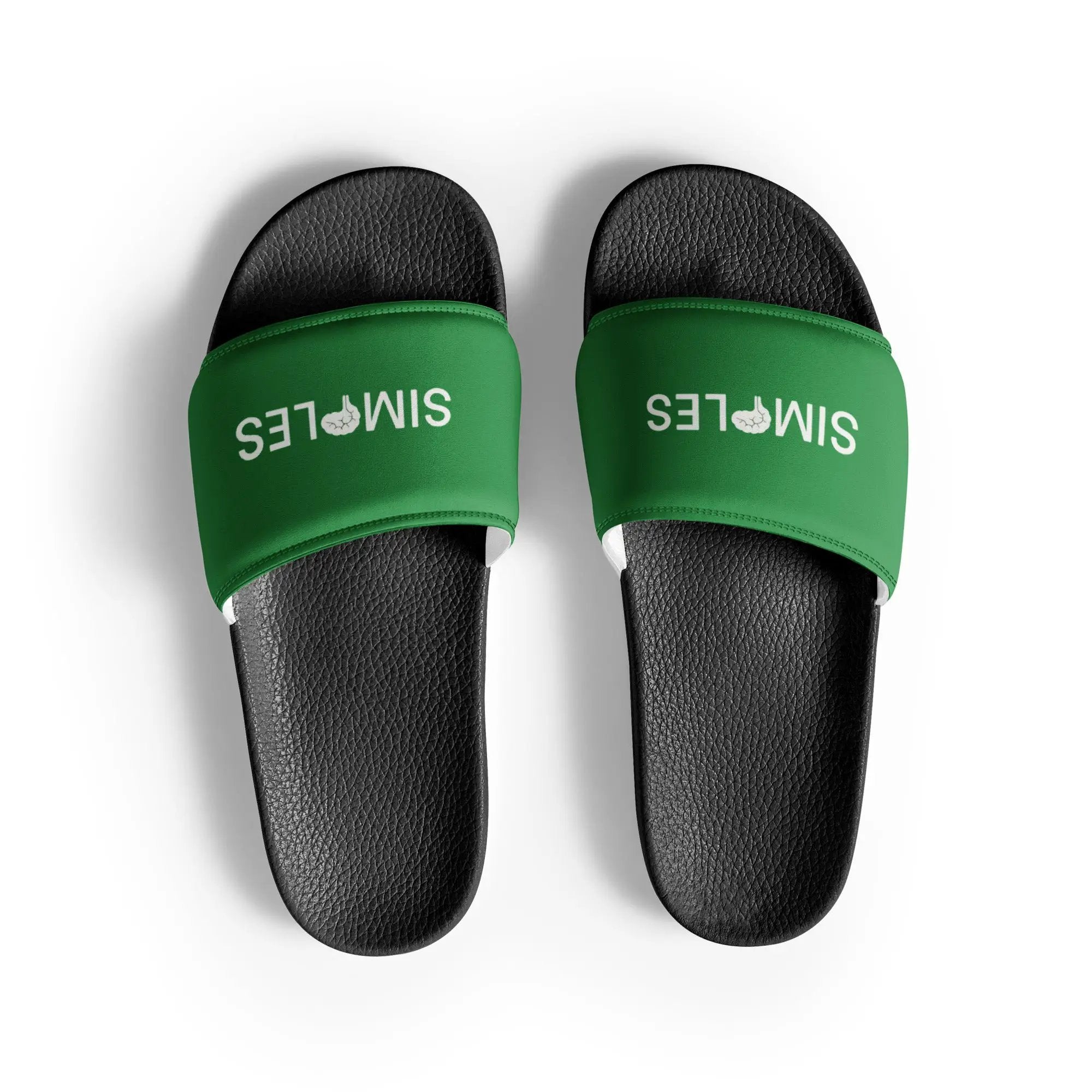Pair of Men’s Slides by Simples Market with black textured footbeds and green straps
