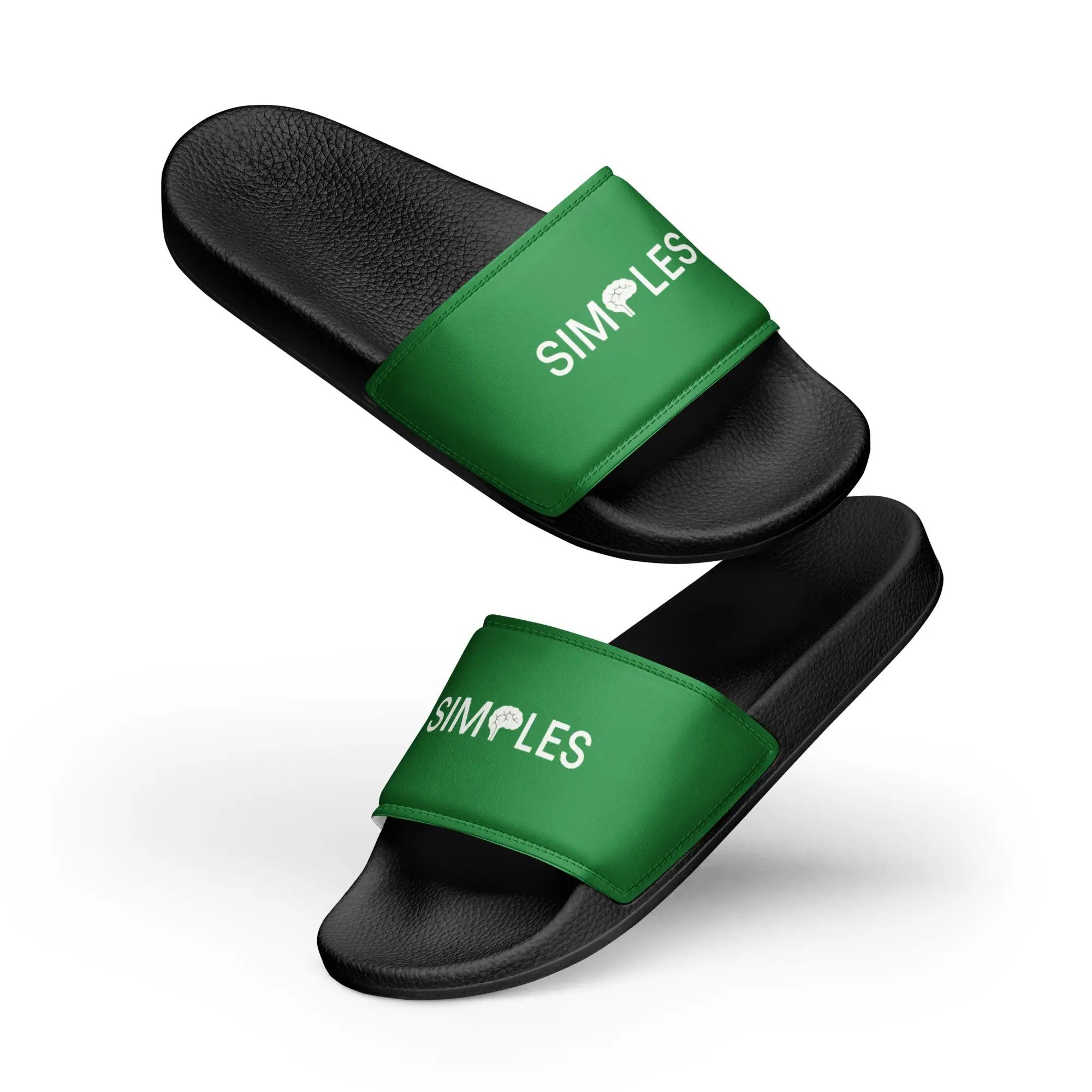 Set of 3 men's slides by Simples Market with black textured soles and green straps.